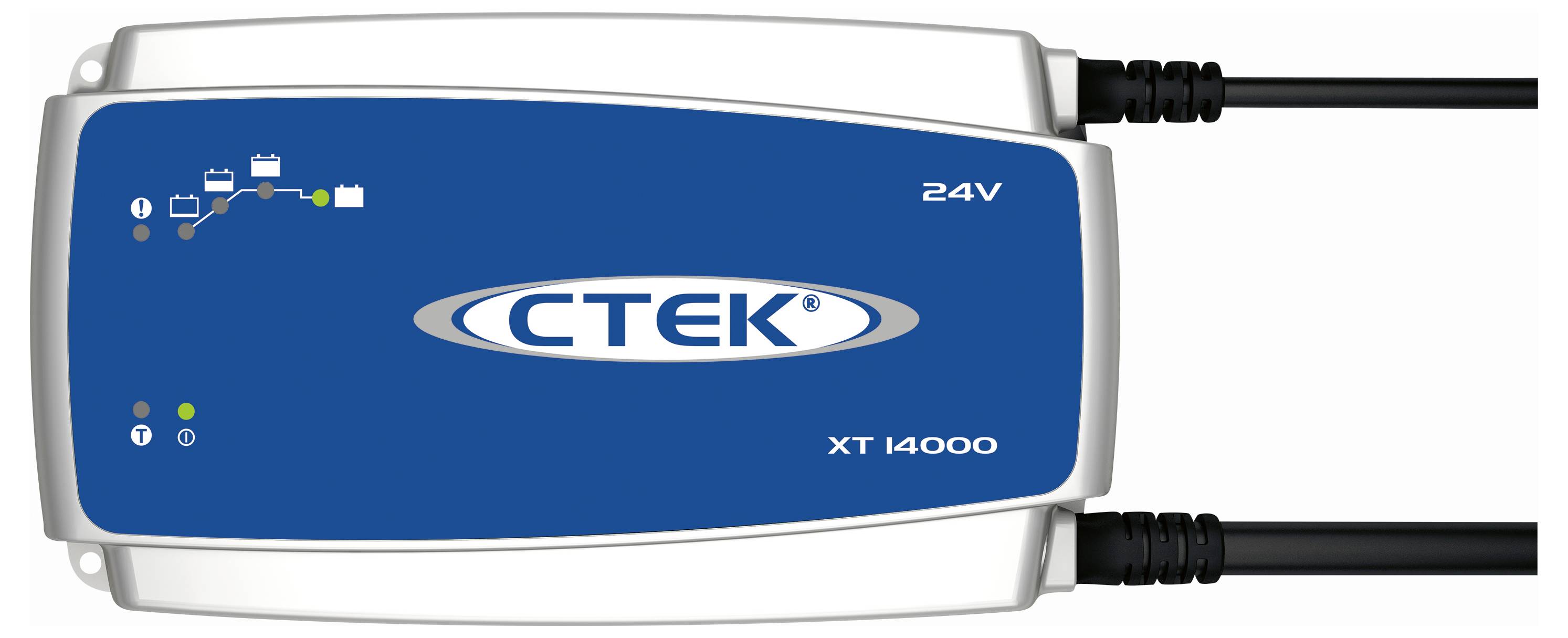 Nabíječka CTEK XT 14000, 24V, s modrým krytem a indikátorem stavu nabití baterie, s připojovacími kabely vpravo a vlevo.