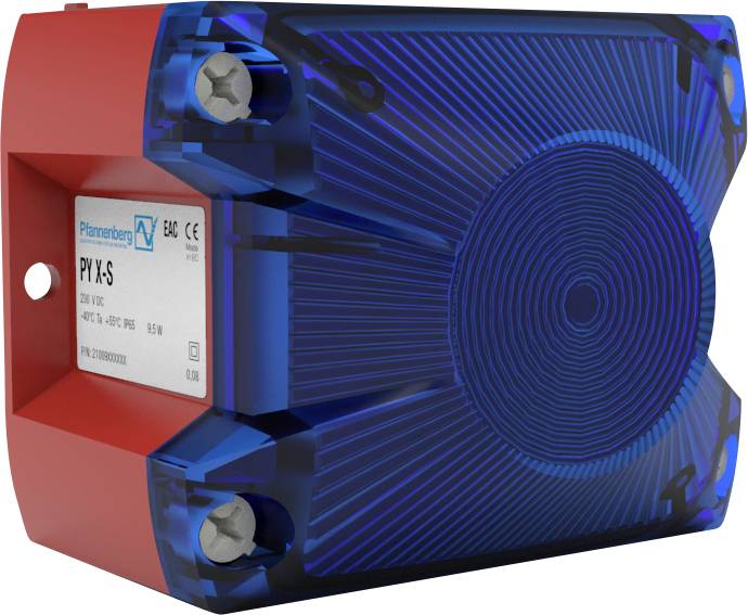 Elektronické zařízení s červeným a modrým krytem, označené štítkem 'PY X-S' a specifikacemi. Vlevo jsou viditelné upevňovací šrouby.