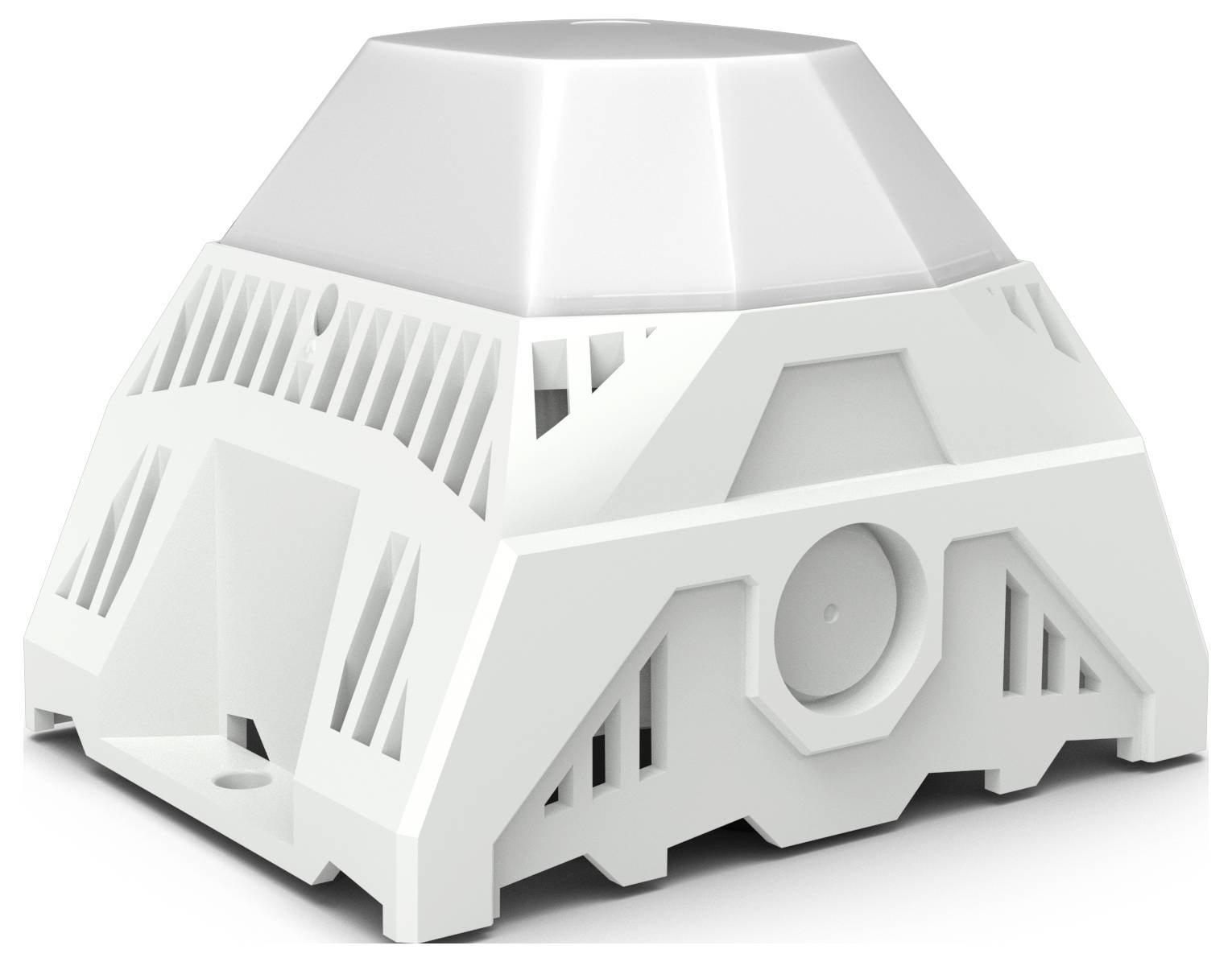 Bílé, geometricky tvarované zařízení, které vypadá jako snímač nebo detektor, umístěné na bílém pozadí.
