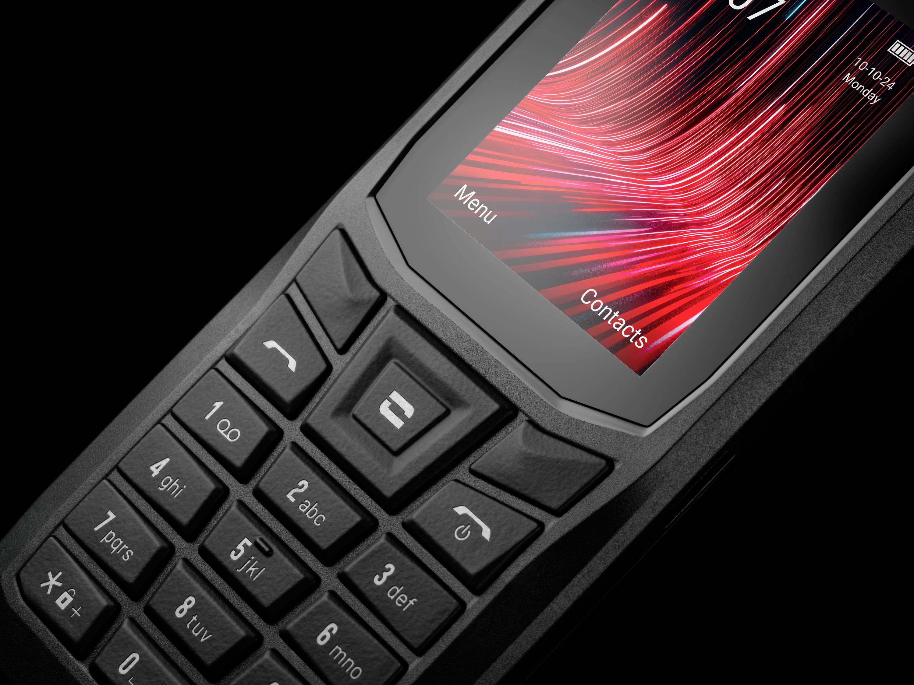 Klasický mobilní telefon s klávesnicí, na jehož displeji jsou zobrazeny červené linky. Nahoře jsou nápisy „Menu" a „Kontakty".