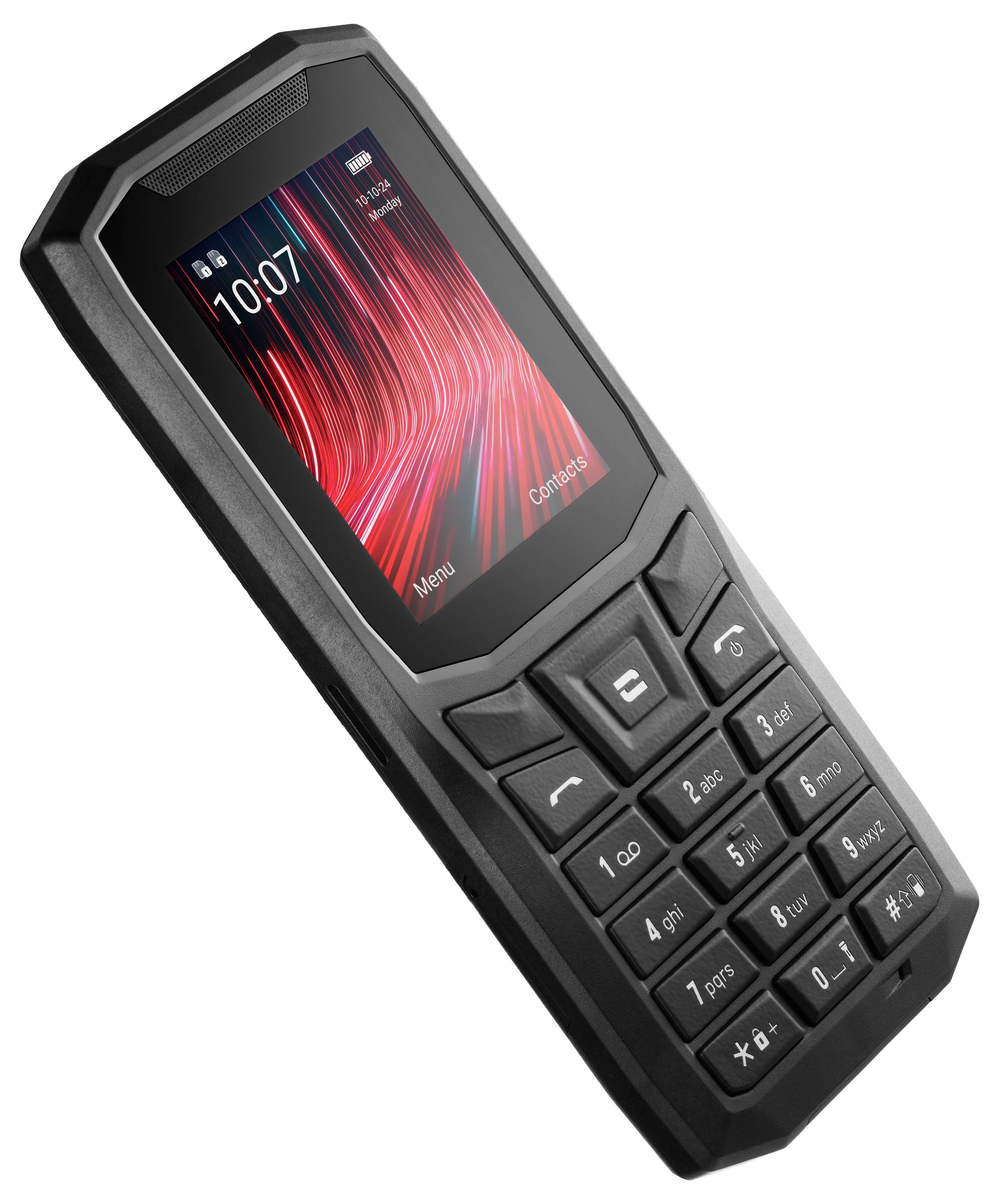 Černý mobilní telefon s klávesnicí a barevným displejem, který zobrazuje aktuální čas. Velká centrální navigační klávesa.