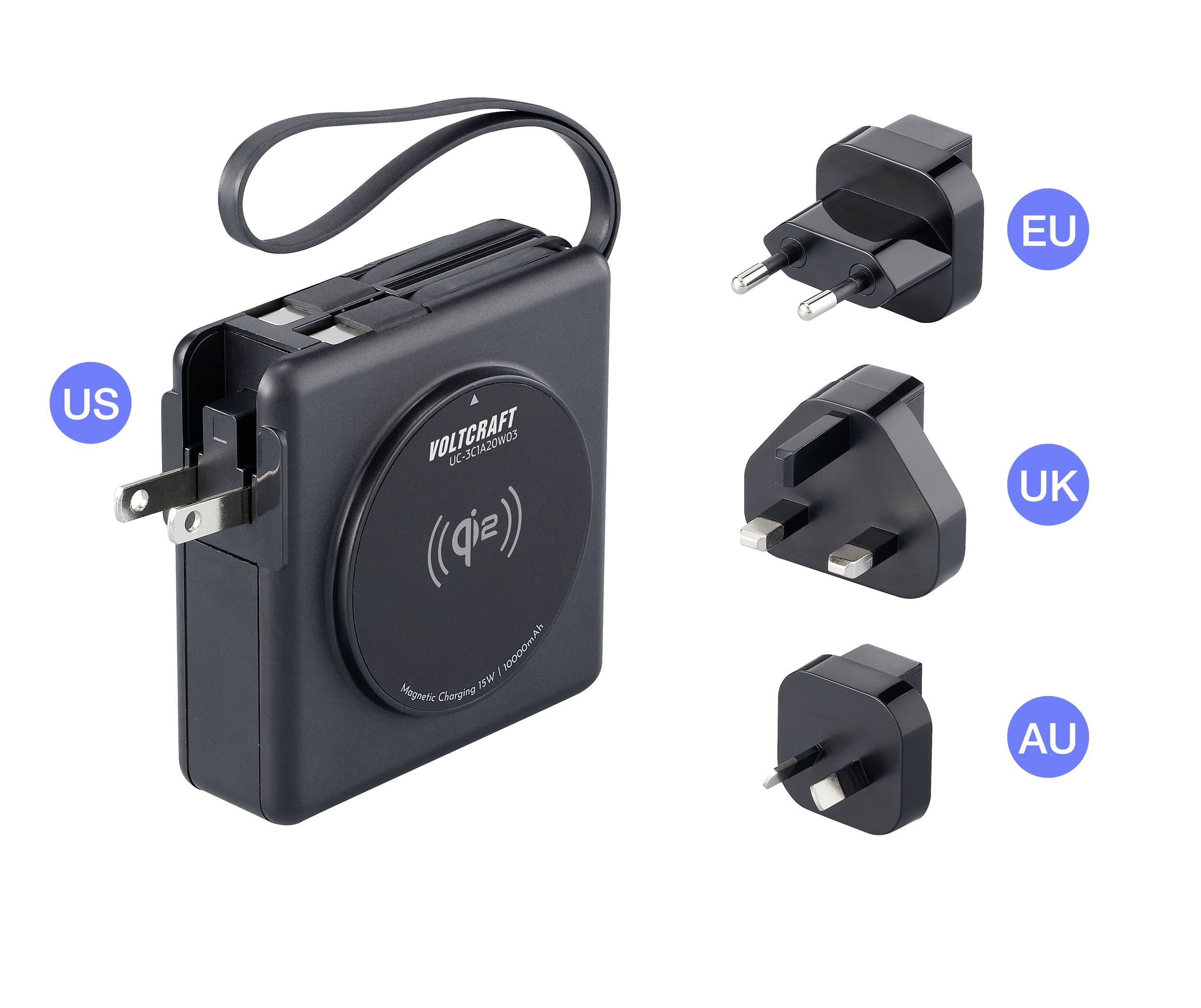 Cestovní nabíječka s výměnnými adaptéry pro US, EU, UK a AU. Kompatibilní s různými standardy elektrických zásuvek po celém světě.