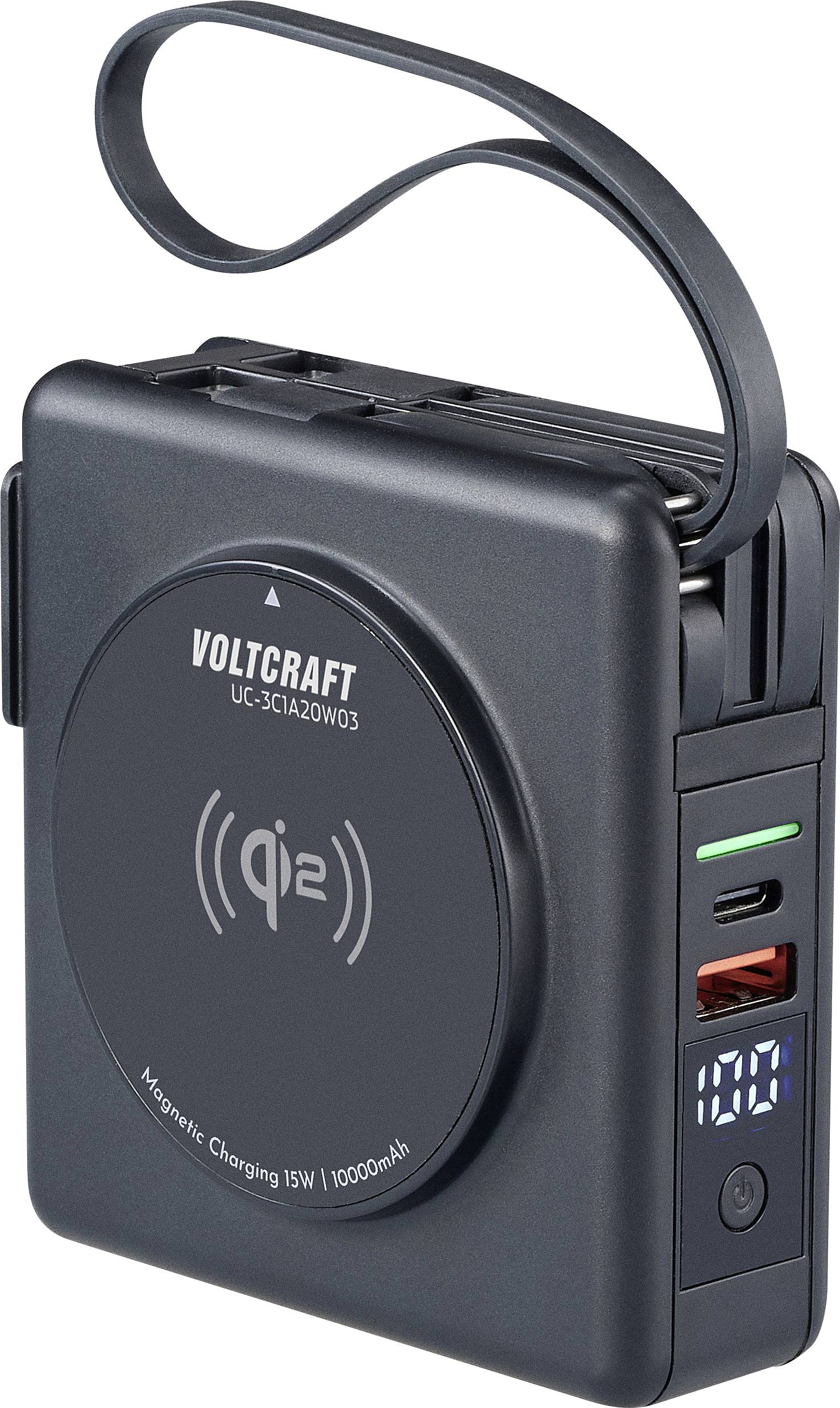 Černá přenosná powerbanka s bezdrátovou nabíjecí funkcí, značky 'Voltcraft'. Zobrazuje indikátor stavu baterie a nabízí několik nabíjecích portů.