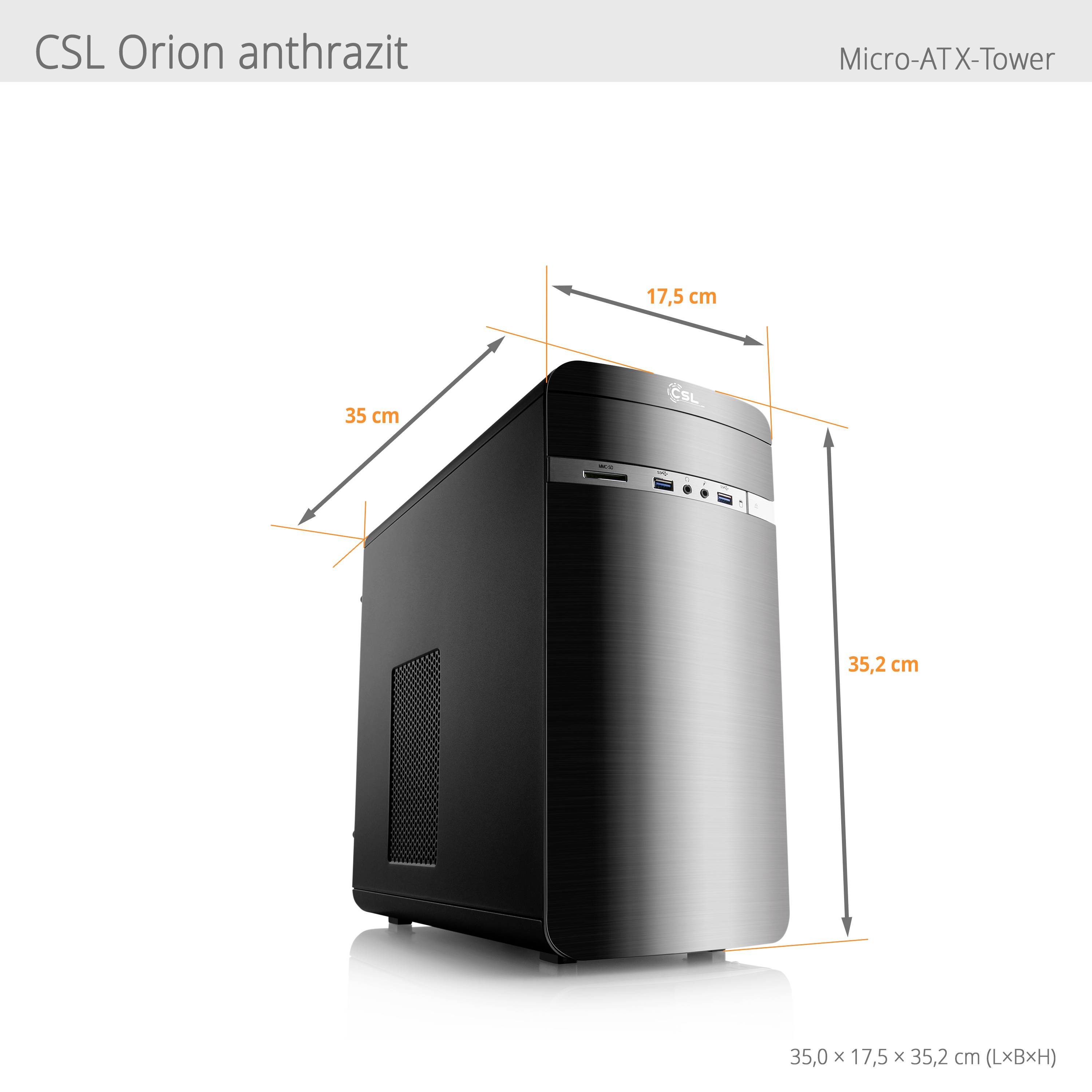 Herní skříň 'CSL Orion antracit' Micro-ATX-Tower na bílém pozadí, rozměry: 35 x 17,5 x 35,2 cm (délka x šířka x výška).