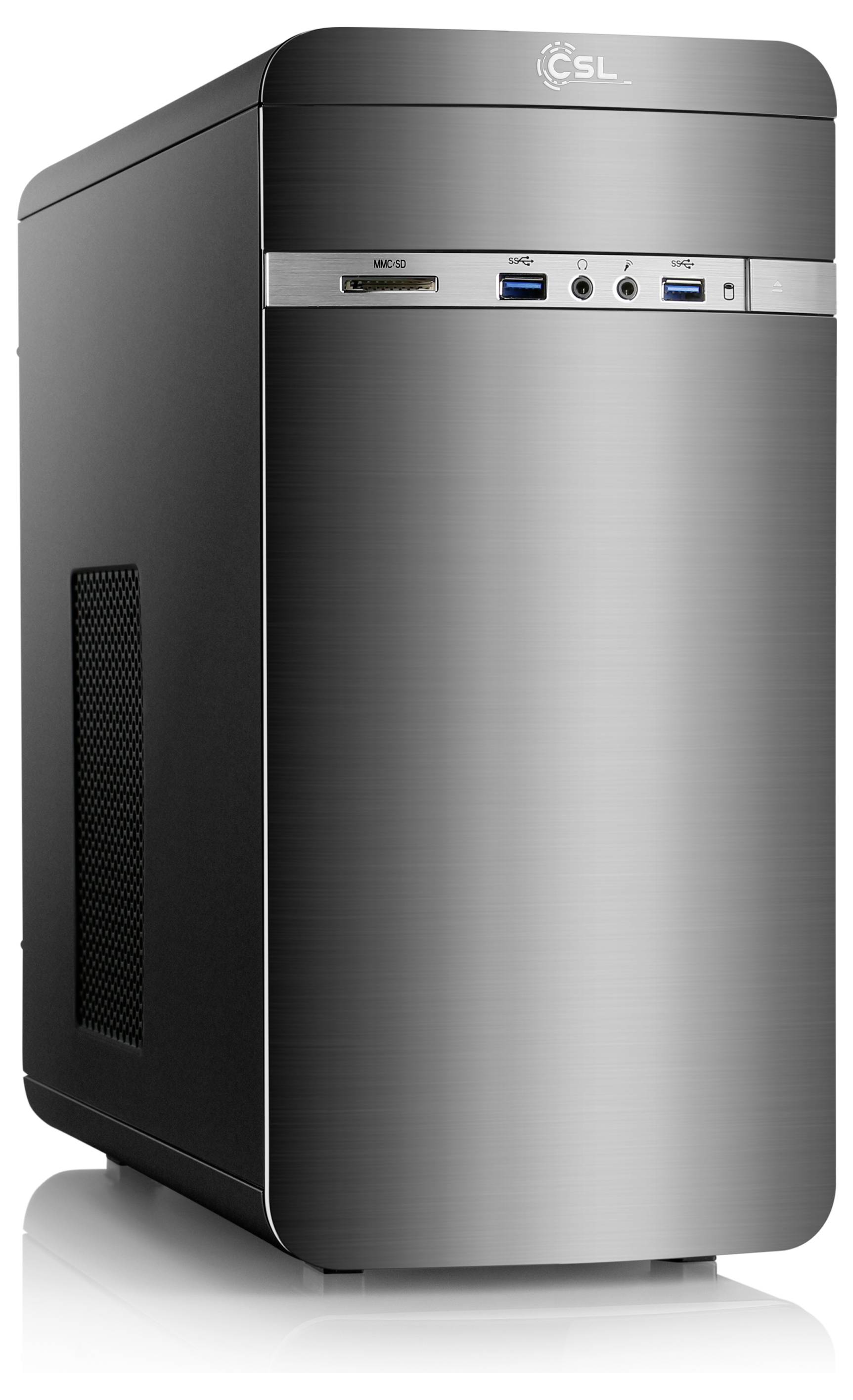 Počítačová věž v stříbrném kovovém pouzdře s předními konektory; vykazuje minimalistický design a moderní technologii.