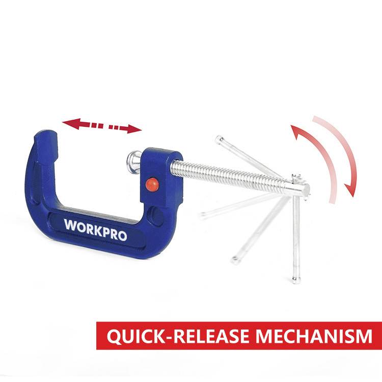 Modrá svěrka značky 'WORKPRO' ukazuje rychloupínací mechanismus s šipkou znázorňující směr pohybu.