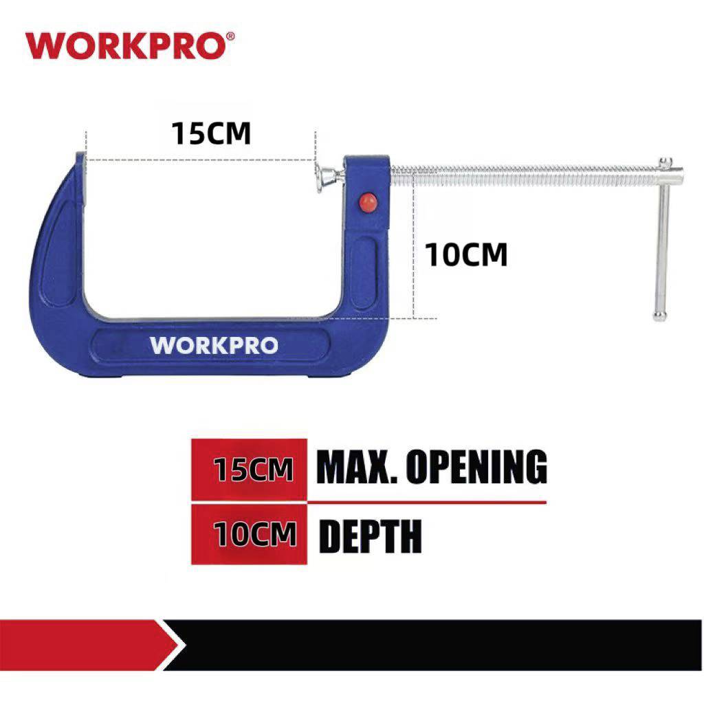 Modrá svěrka značky Workpro s červeným ovládacím knoflíkem, maximální rozevření 15 cm, hloubka 10 cm.