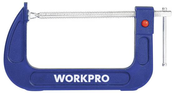 Modré svěrky se štítkem 'WORKPRO', červený otočný knoflík, kovová tyč nahoře. Primárně používané pro práci se dřevem.