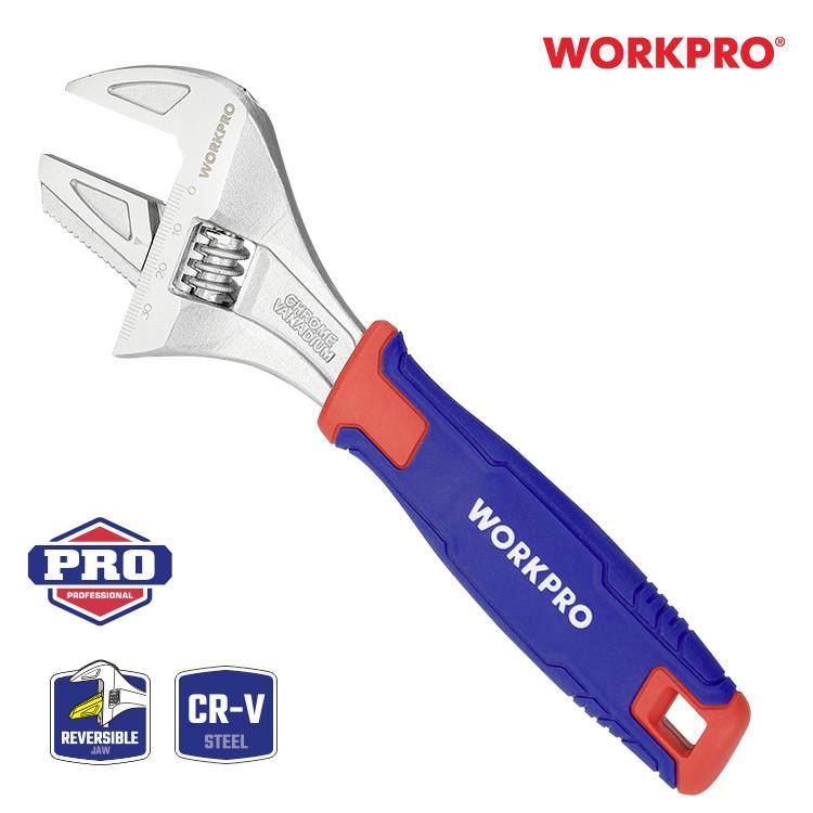 Nastavitelný francouzský klíč značky Workpro s ergonomickou rukojetí. Označený logy 'PRO' a 'CR-V Steel' v levém dolním rohu.