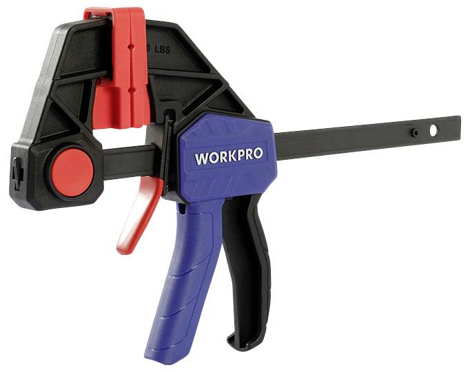 Rychloupínací svěrka značky Workpro s modrým madlem a černým kolejnicovým prvkem, vhodná pro upevnění obrobků.