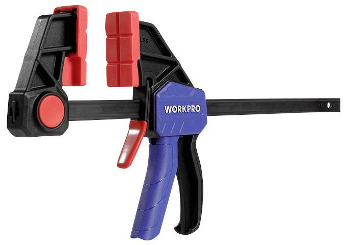 Jednostranná svěrka značky Workpro, černá s modrými a červenými akcenty, vhodná pro bezpečné upevnění obrobků.