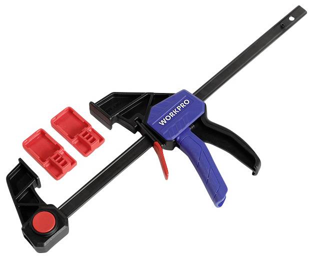Černá a modrá svěrka značky Workpro s červeným držadlem, doprovázená dvěma červenými plastovými kryty. Ideální pro upevňování materiálů.
