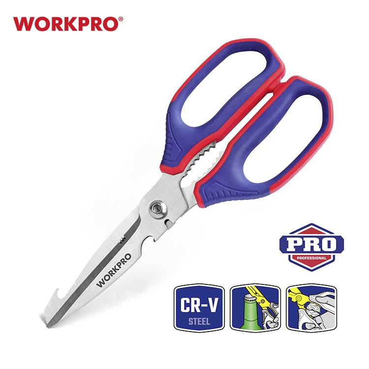 Robustní červené a modré multifunkční nůžky značky Workpro z oceli CR-V, vhodné na řezání plechu a drátu s ergonomickými rukojeťmi.