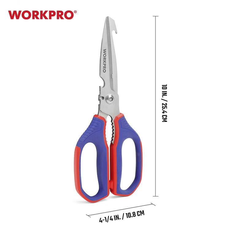 'WORKPRO Univerzální nůžky 10 palců, s modrými a červenými rukojeťmi, délka 25,4 cm, šířka 10,8 cm, robustní a všestranně použitelné.'