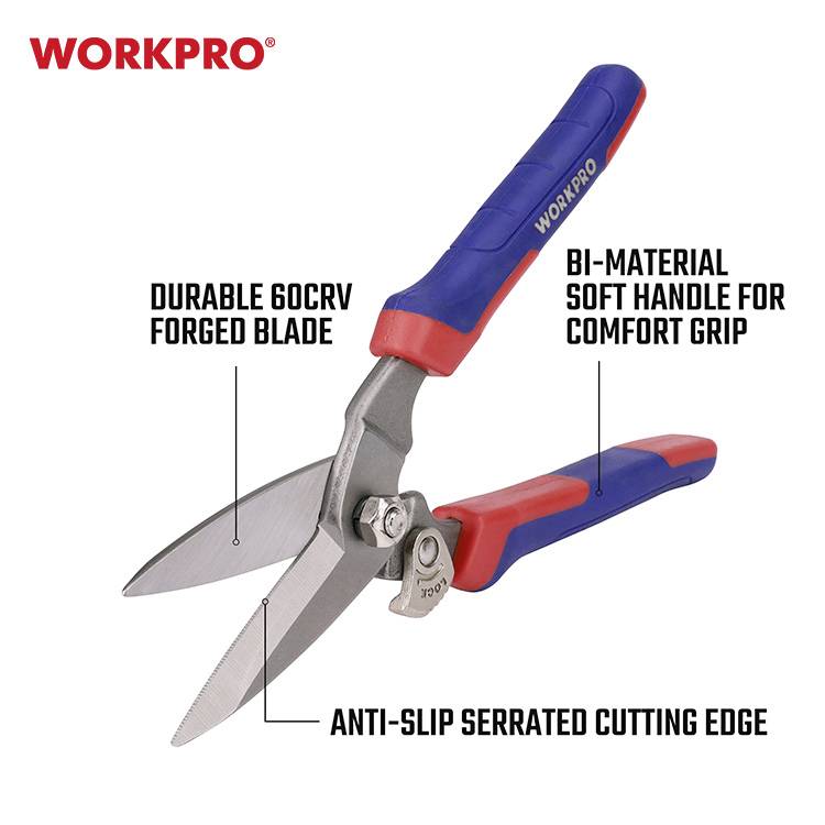 Logo a reklama pro nůžky WORKPRO. Text zdůrazňuje dlouhou životnost, pohodlnou rukověť a protiskluzové ostří.