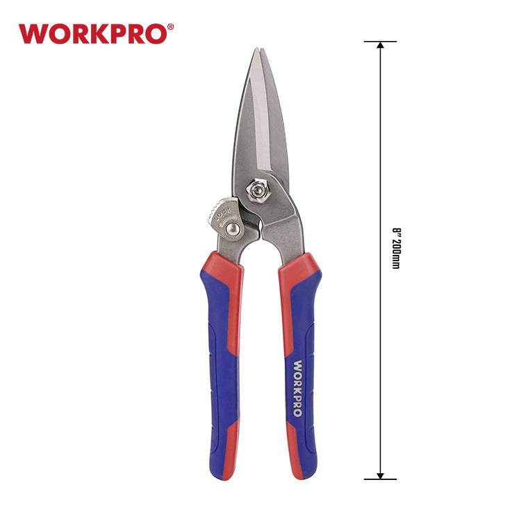 Na obrázku je nůžky na plech značky WORKPRO, velikosti 8 palců (207 mm), s červenými a modrými rukojeťmi.