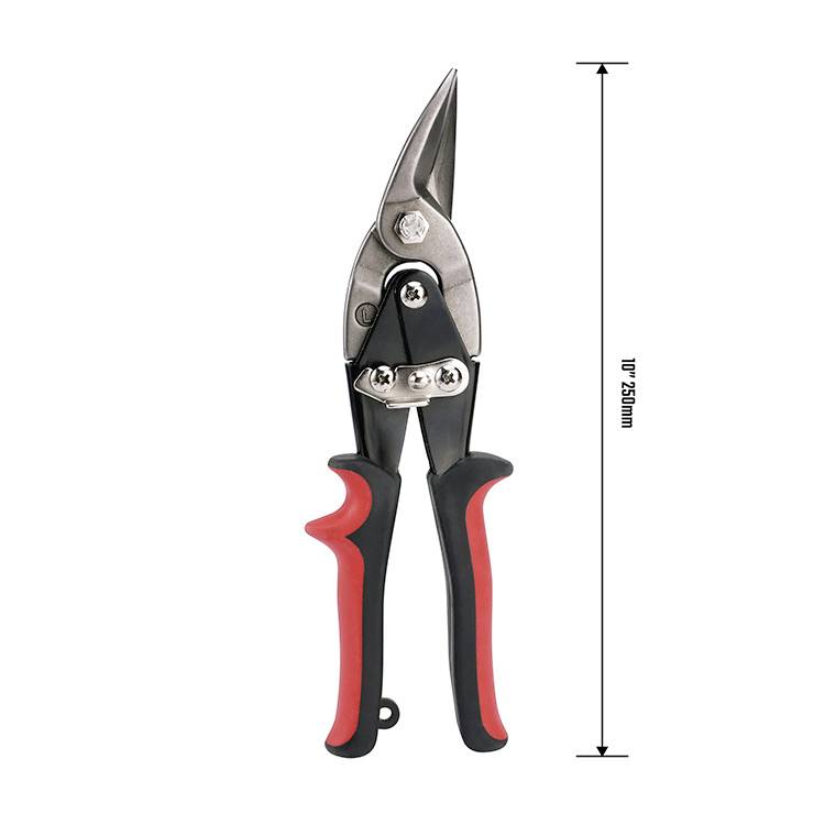 Kovové nůžky s červenými rukojeťmi, celková délka 10 palců (250 mm).
