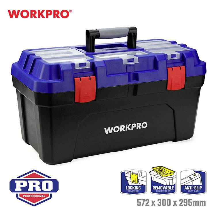 Černočervená nářaďová skříňka značky 'WORKPRO' v černo-modrém provedení s červeným zámkem, madlem a rozměry 572 x 300 x 295 mm.