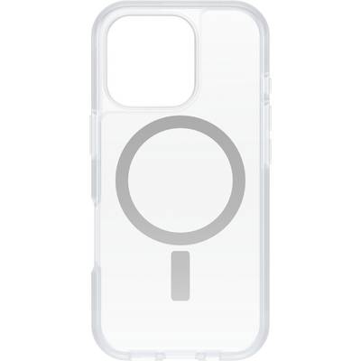 Průhledný mobilní kryt s šedým kruhem a obdélníkem umístěným pod ním ve středu.