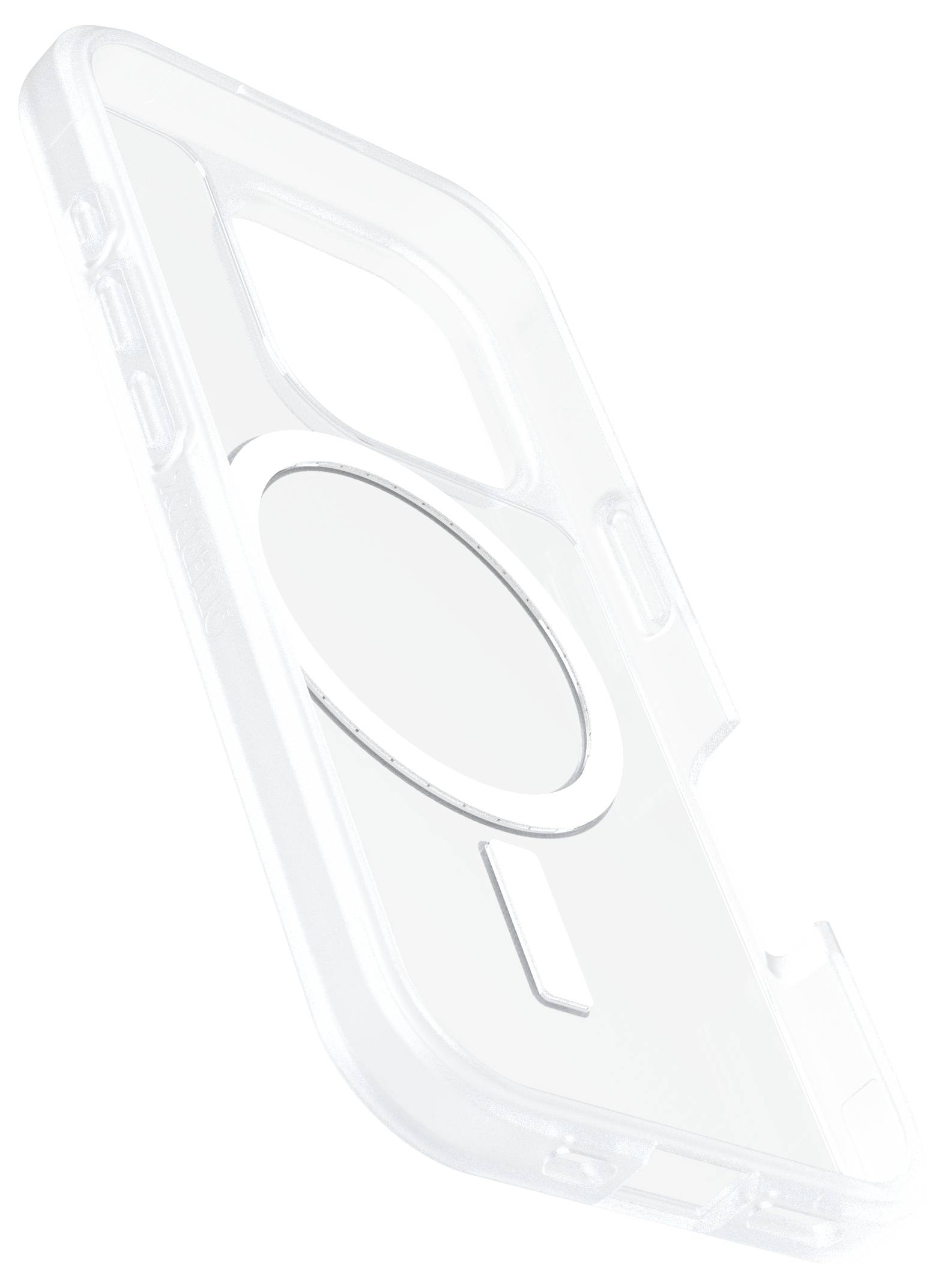 Průhledný obal na smartphone s kulatým magnetickým kroužkem uprostřed, vhodný pro bezdrátové nabíjení, boční tlačítka zůstávají viditelná.