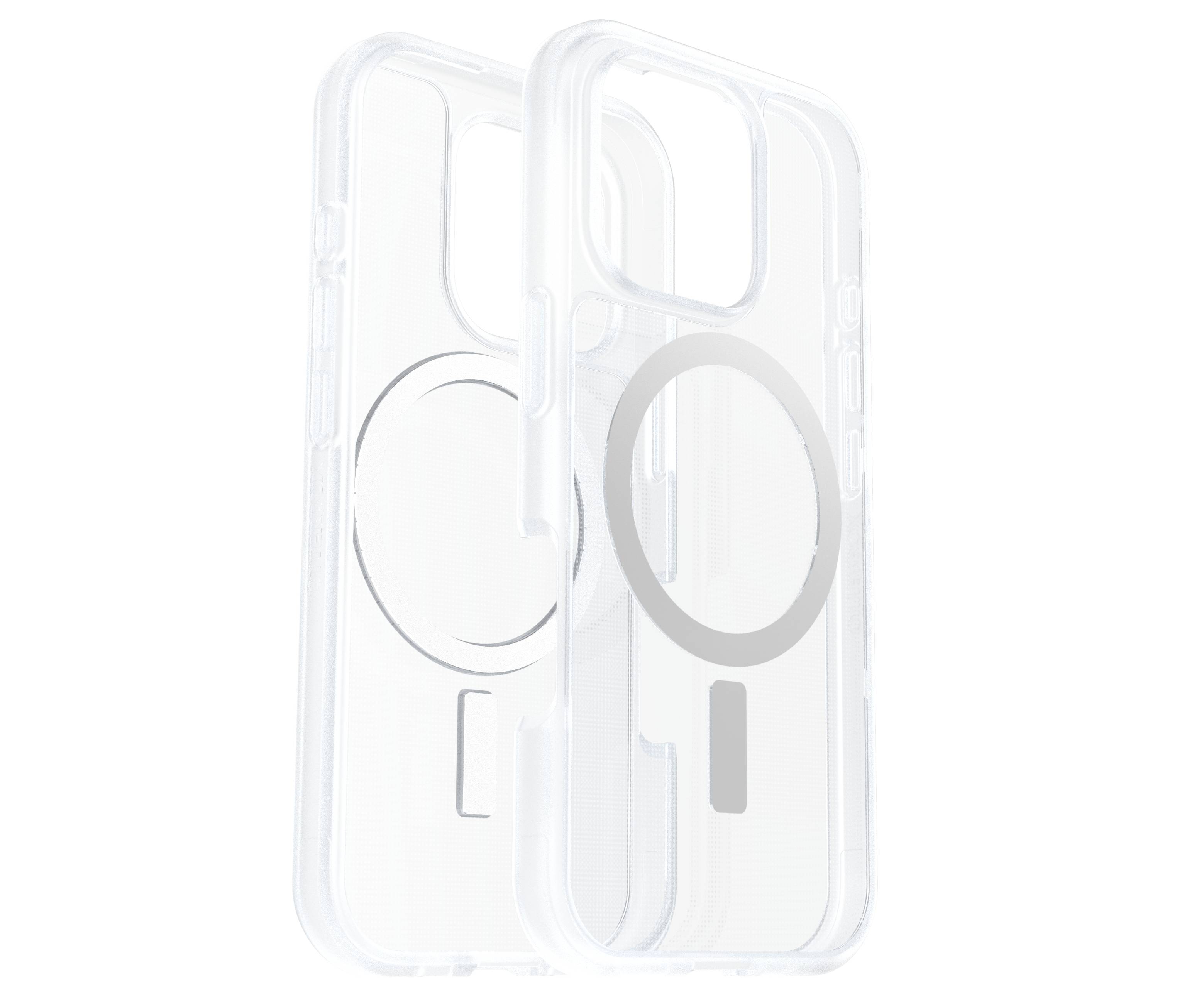 Dva průhledné kryty na mobilní telefony s kruhovým magnetickým designem na zadní straně, vhodné pro bezdrátové nabíjení.