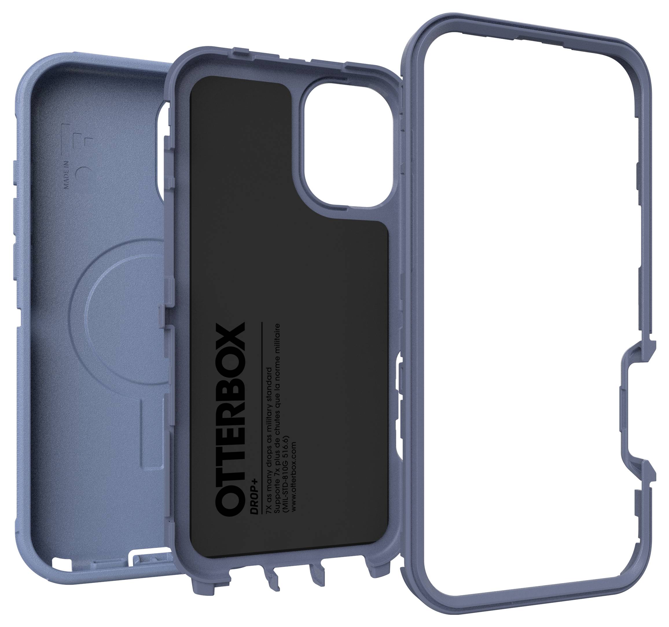 Modrý kryt OtterBoxu na mobilní telefon rozložený na díly: vnější kryt, vnitřní kryt a ochrana displeje.