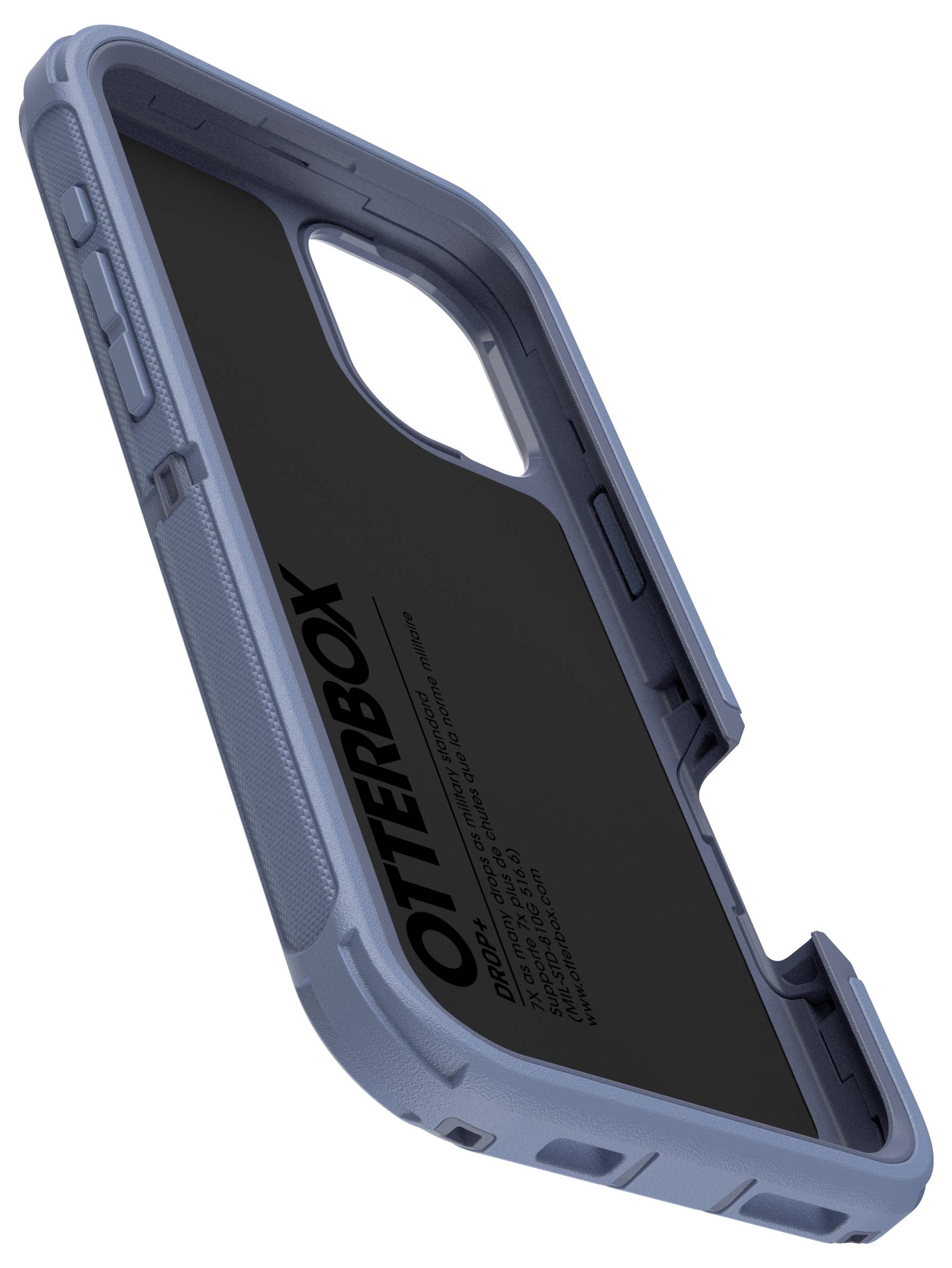 Modrý mobilní kryt od Otterboxu, zachycený šikmo zezadu. Kryt má robustní rám a výřezy pro tlačítka a fotoaparát.