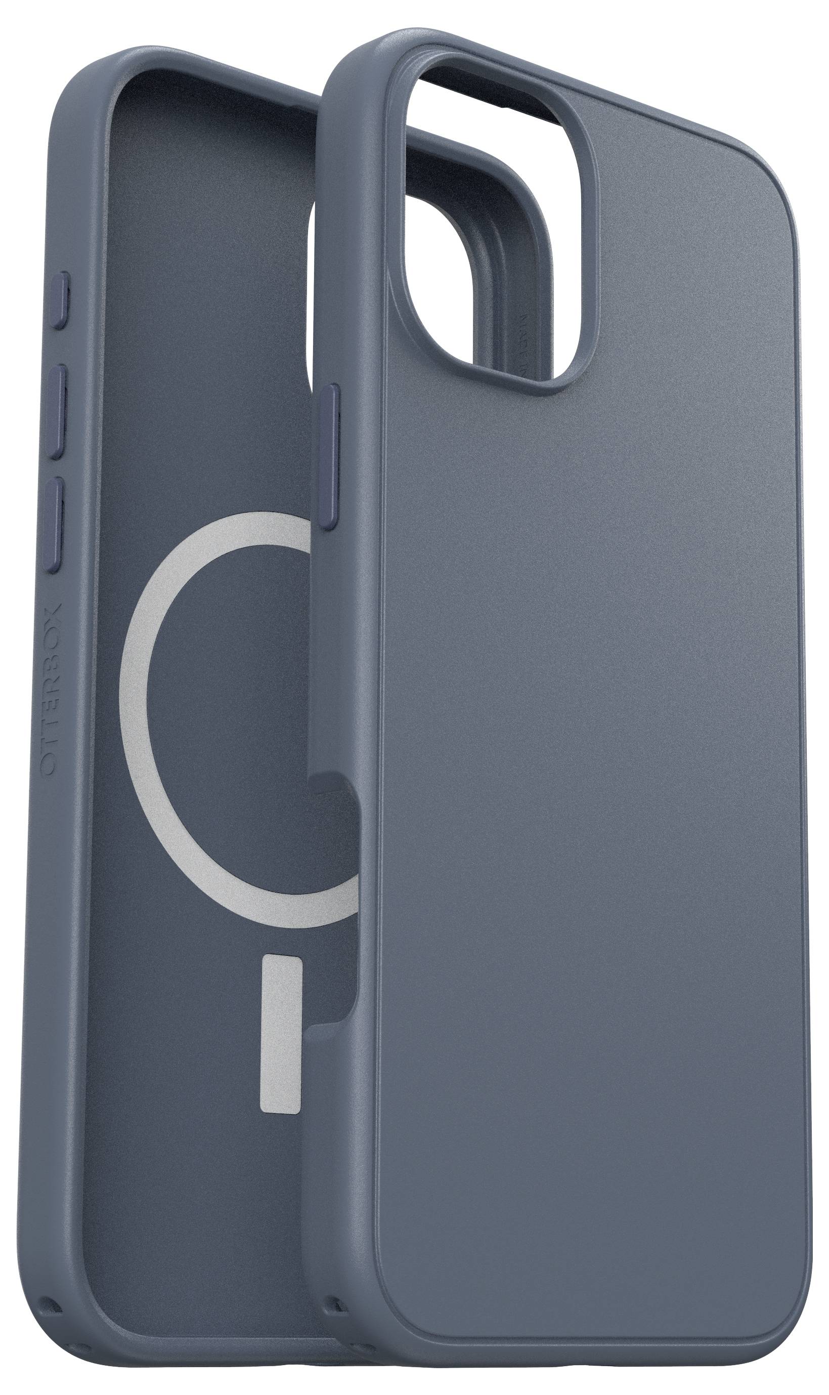 Modrý obal na smartphone s úložným prostorem pro příslušenství a bočními otvory pro tlačítka, stojící vzpřímeně a zobrazující vnitřní i vnější stranu.