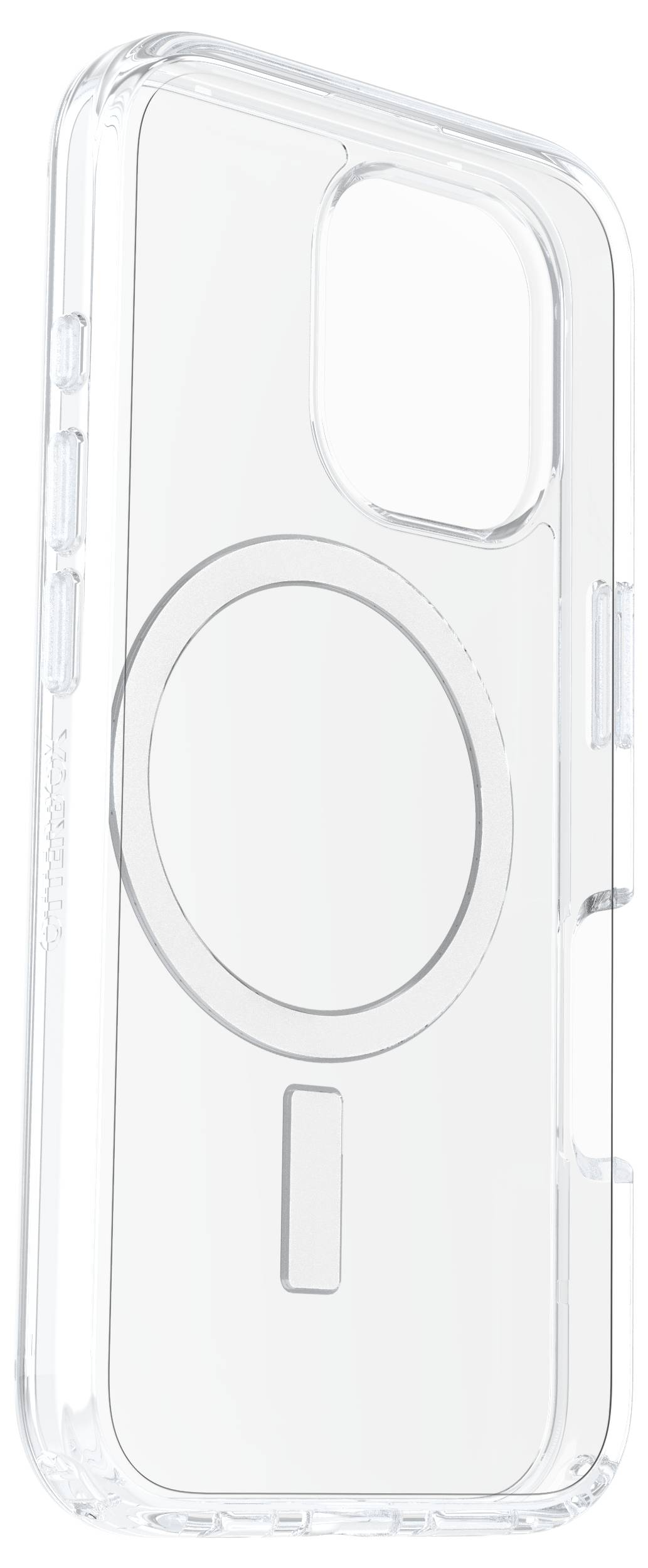 Průhledný mobilní kryt s kruhovým vzorem uprostřed, vhodný pro moderní model smartphonu.