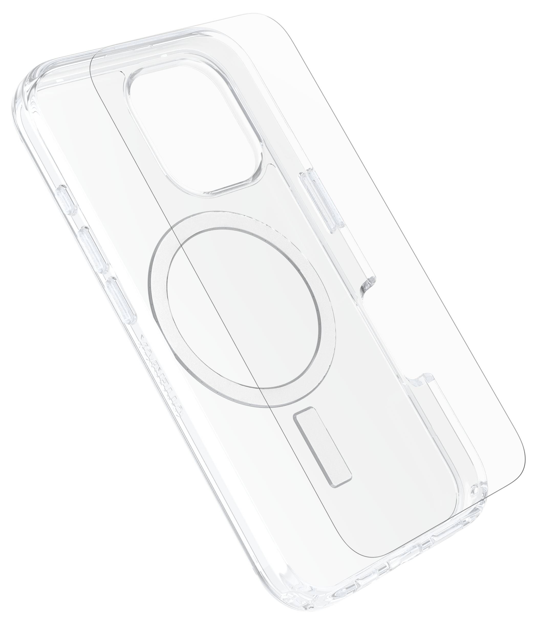 Průhledný obal na smartphone s kruhovým výřezem pro MagSafe, mírně nakloněný.