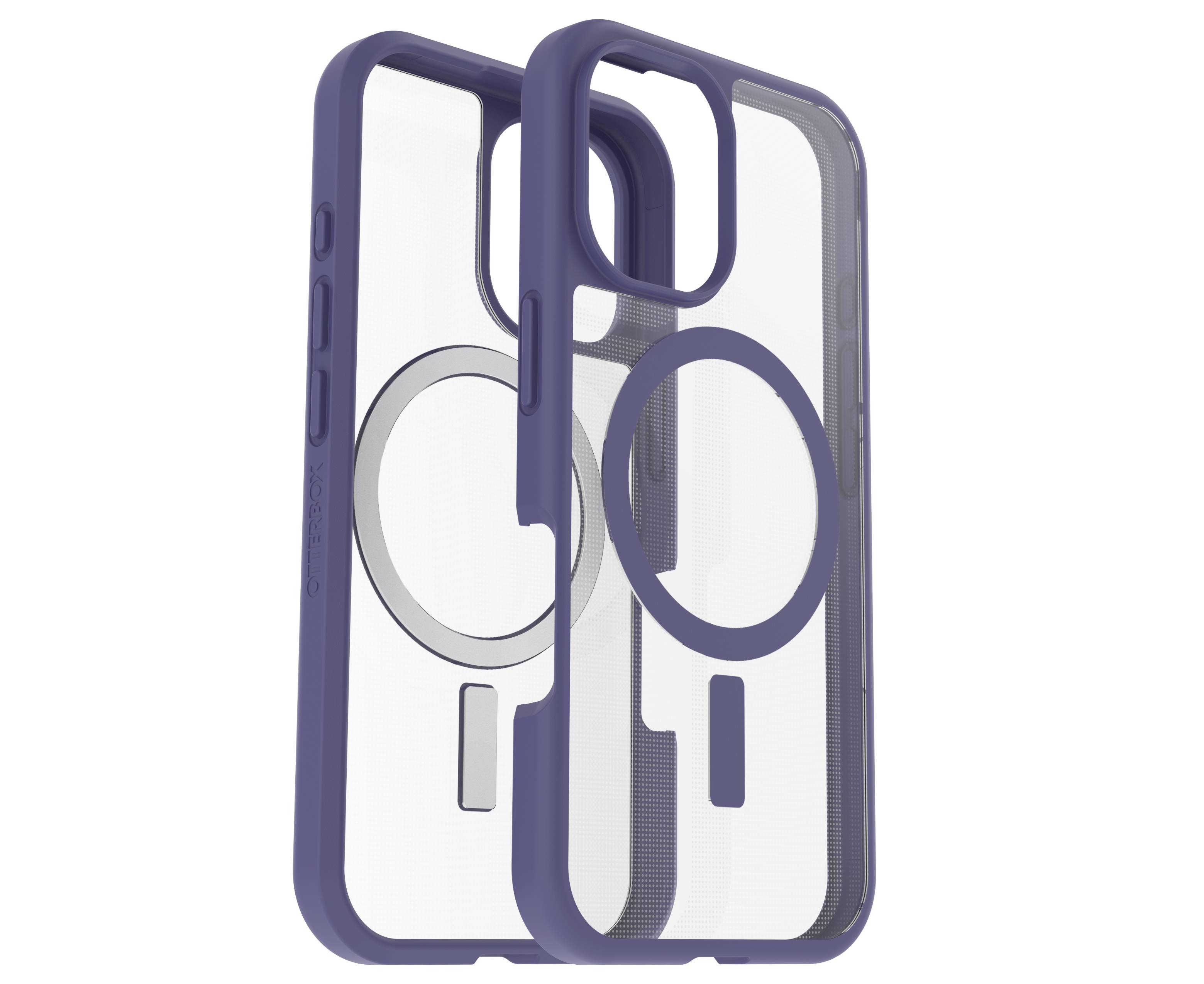 Dva průhledné mobilní kryty s modrými okraji a kruhovým magnetickým designem na zadní straně, vhodné pro smartphony.