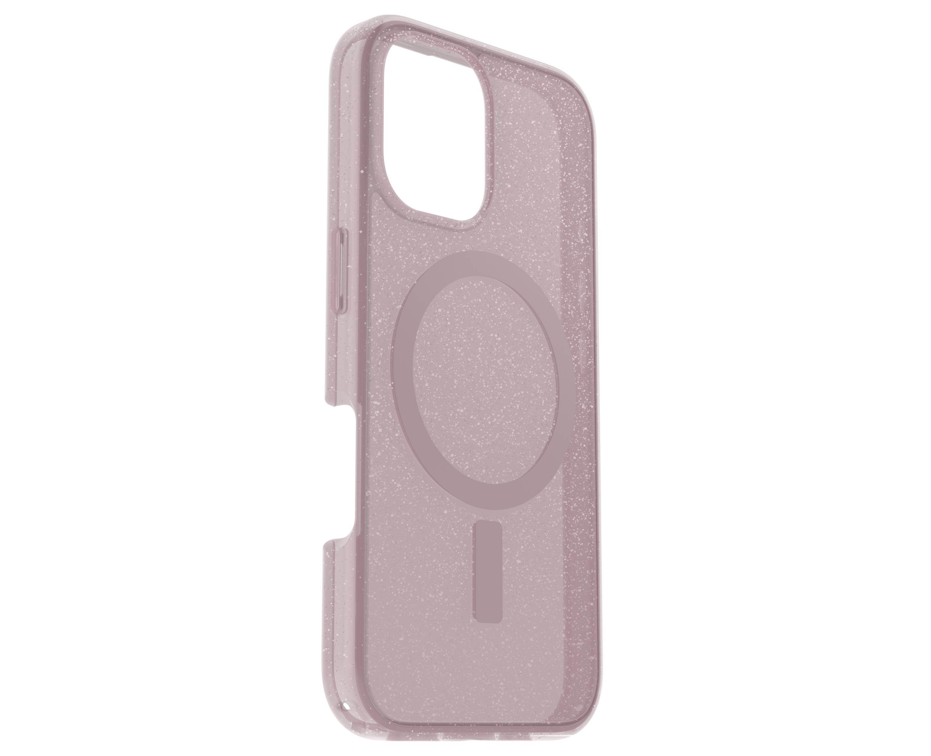 Ochranný kryt na smartphone, poloprůhledný růžový se třpytkami, zobrazující zadní stranu a okraj, vhodný pro zařízení se dvěma fotoaparáty.