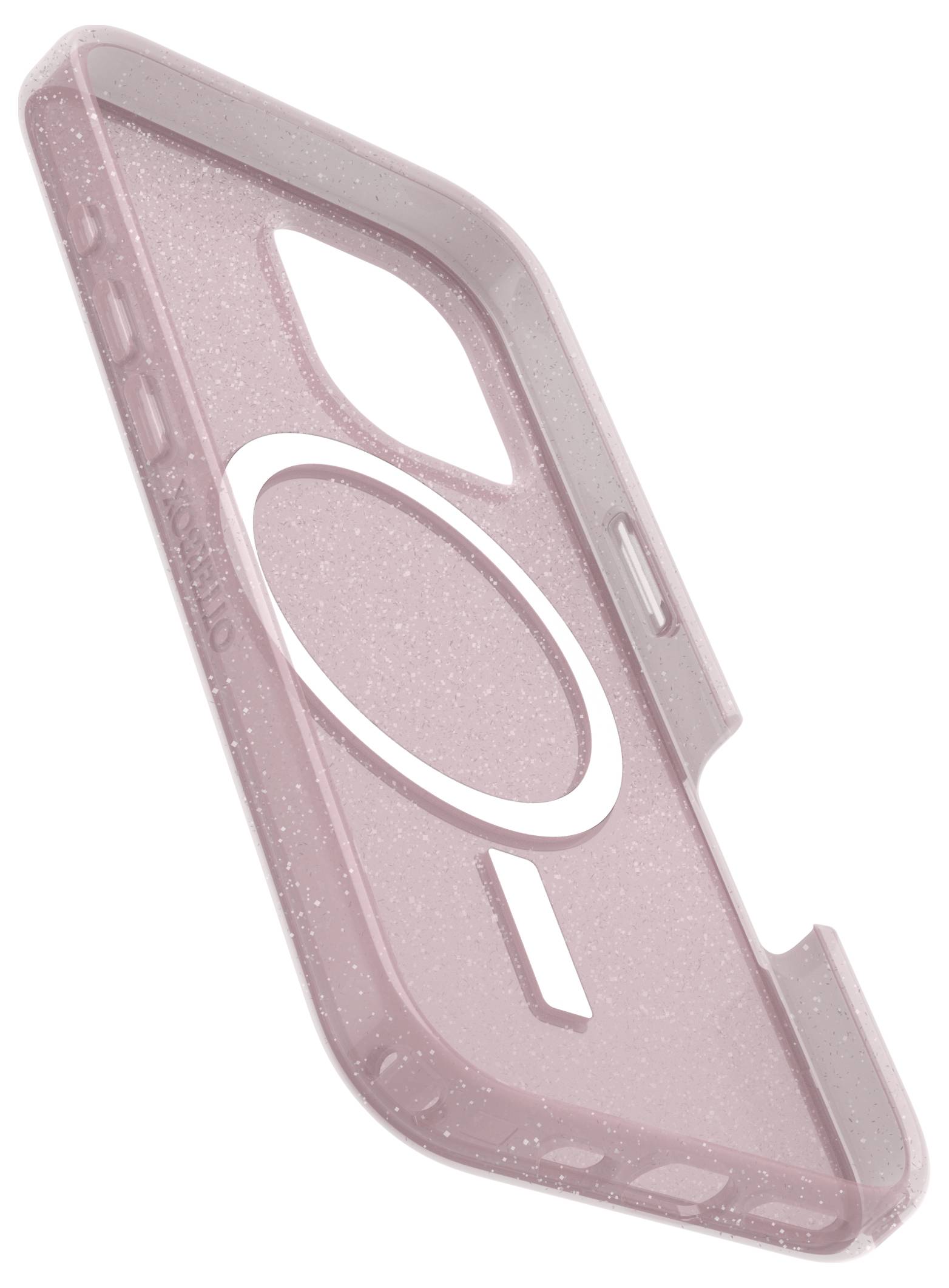 Růžový obal na mobil se třpytkami, kompatibilní se smartphony s funkcí MagSafe. Chrání zařízení a umožňuje bezdrátové nabíjení.