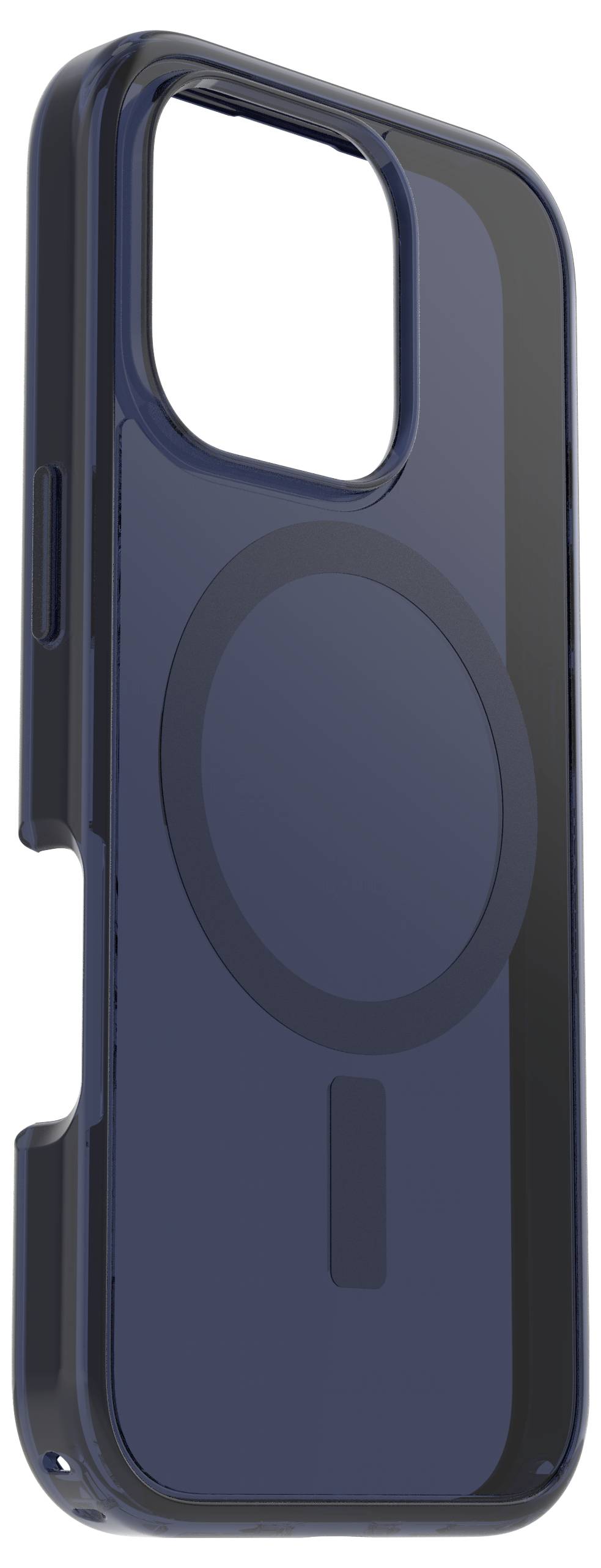Tmavě modrý obal na mobilní telefon s výřezem pro fotoaparát a kulatým magnetickým potiskem na zadní straně, vhodný pro moderní model smartphonu.
