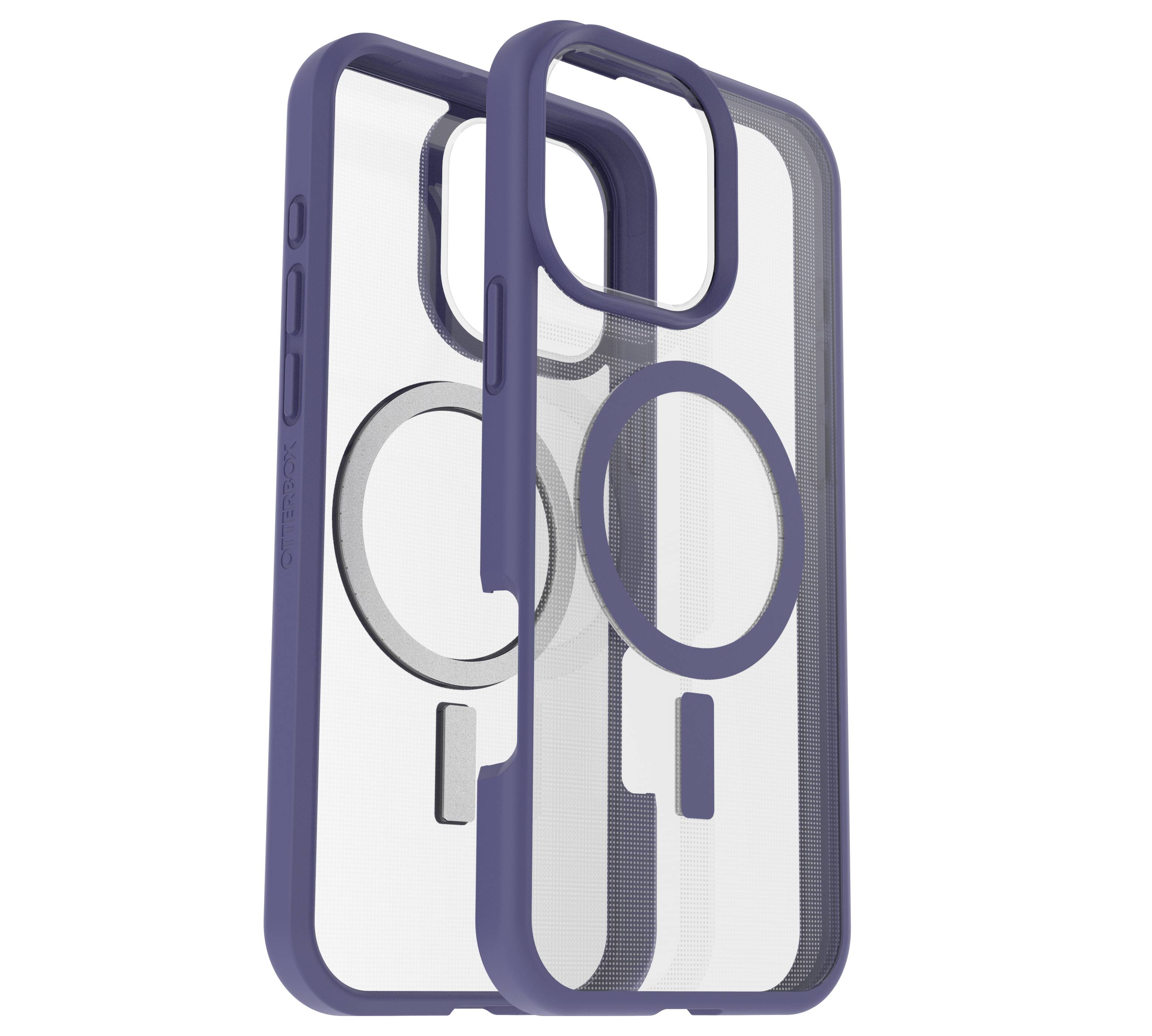 Průhledný mobilní kryt s modrým okrajem, kompatibilní s MagSafe, zobrazující vnitřní kruhovité magnetické pole. Vhodný pro smartphones.