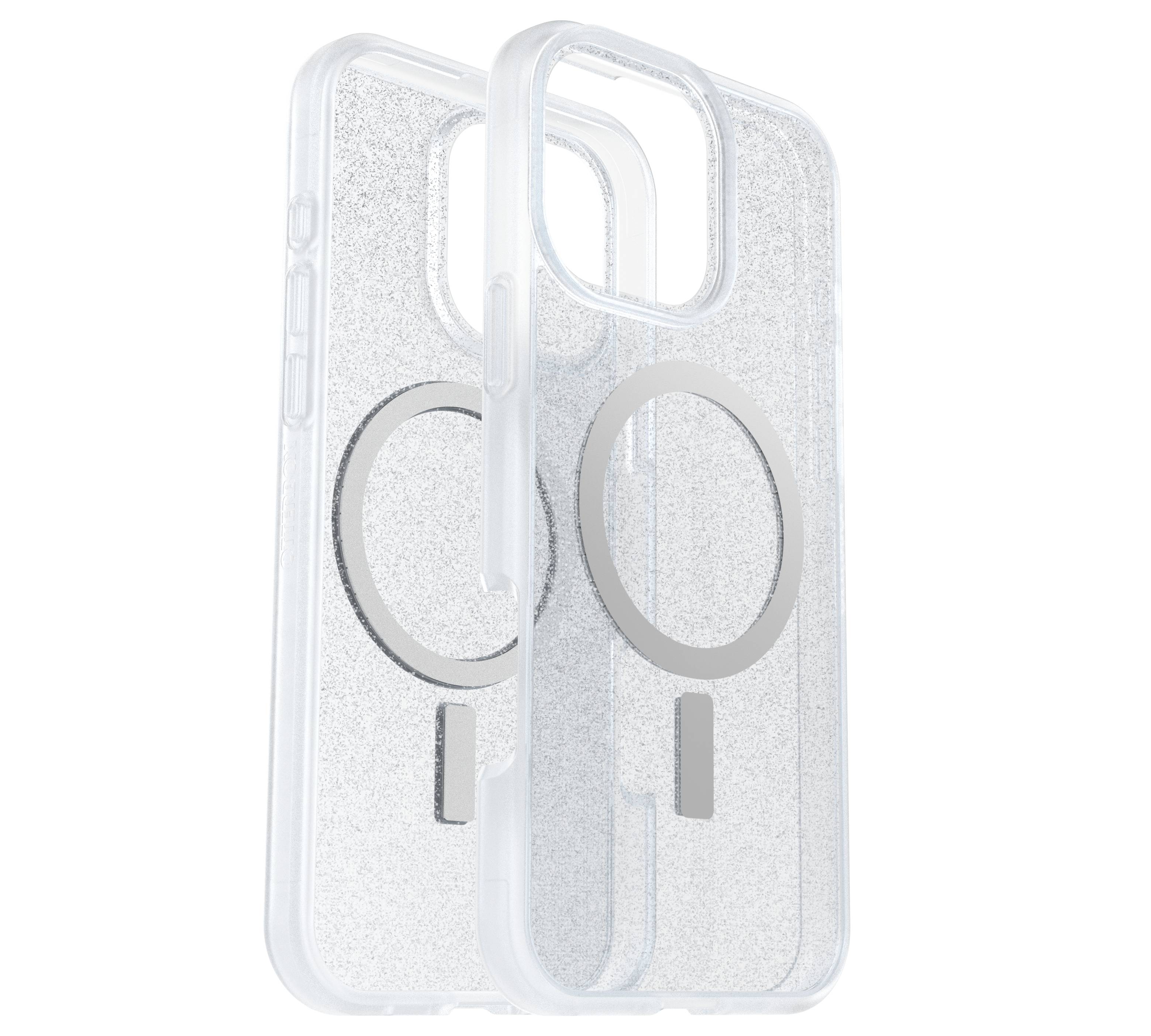 Dva průhledné kryty na mobil s integrovaným magnetickým MagSafe kruhem pro iPhone. Mají třpytivý povrch.