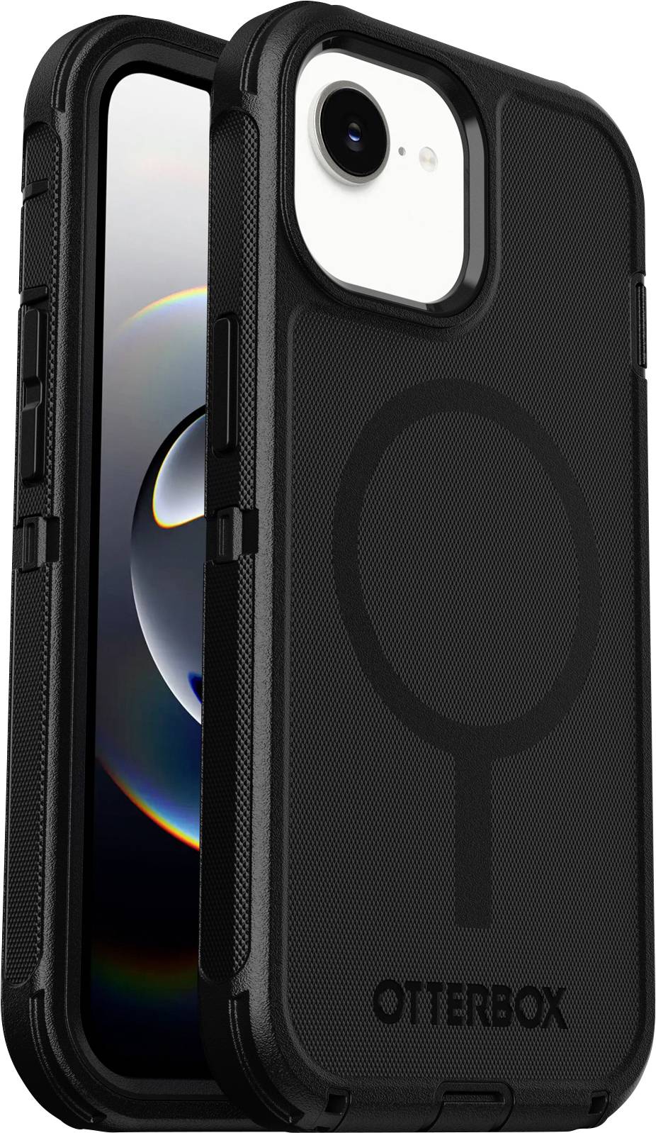 Černý ochranný kryt OtterBox pro iPhone zobrazený zepředu a zezadu, s designem kroužku ve stylu MagSafe a výřezem pro kameru.