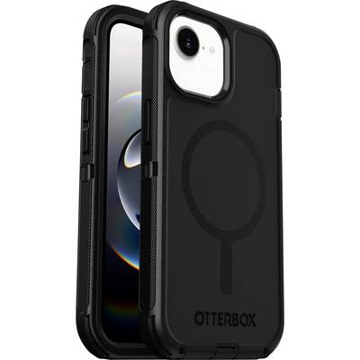 Černý ochranný kryt OtterBox pro iPhone zobrazený zepředu a zezadu, s designem kroužku ve stylu MagSafe a výřezem pro kameru.