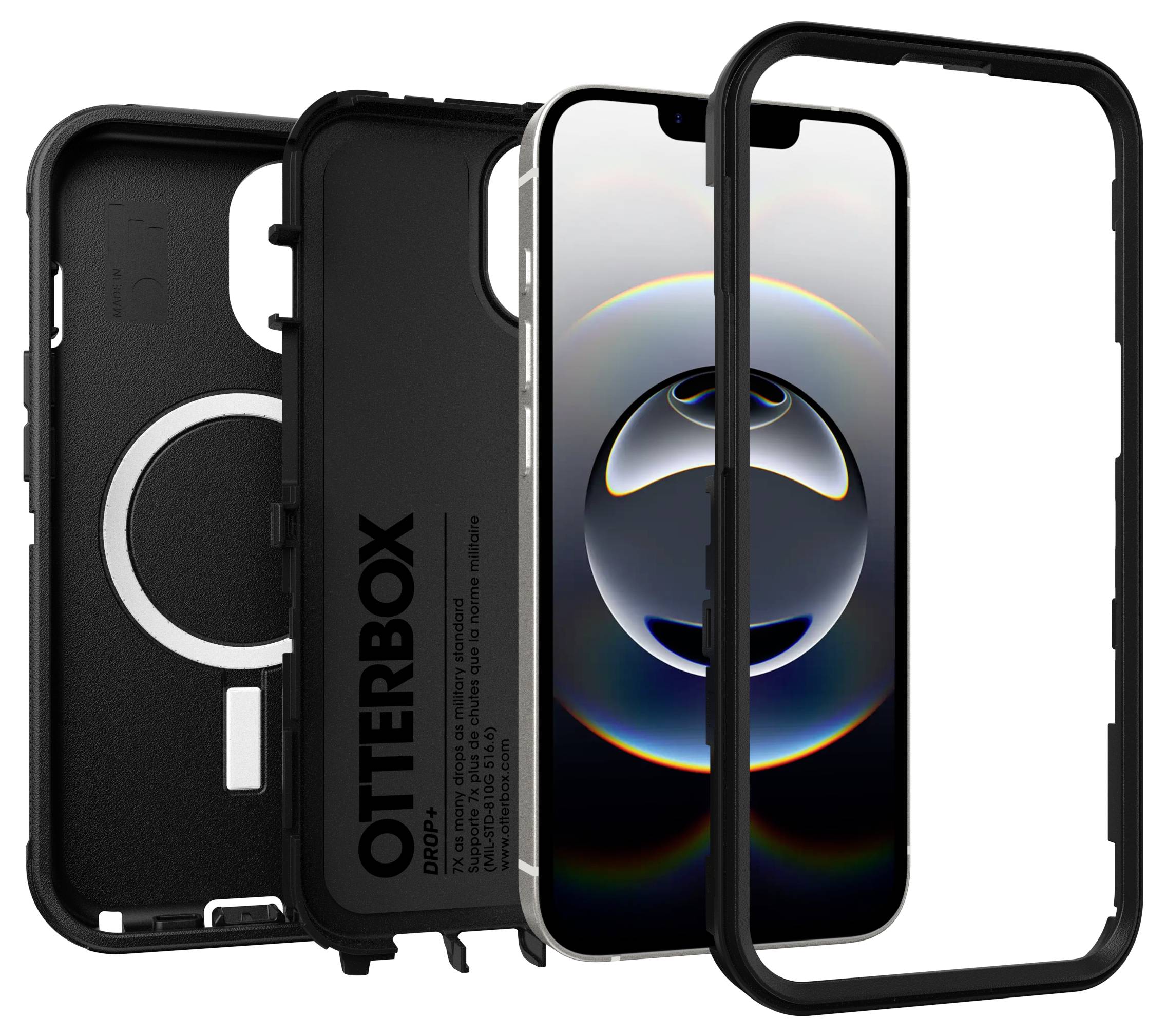 Čtyřdílný černý pouzdro na telefon OtterBox zobrazené v rozloženém stavu s předním rámem, zadní skořápkou, vnitřní vrstvou a vložkou na telefon vyrovnanými pro sestavení.