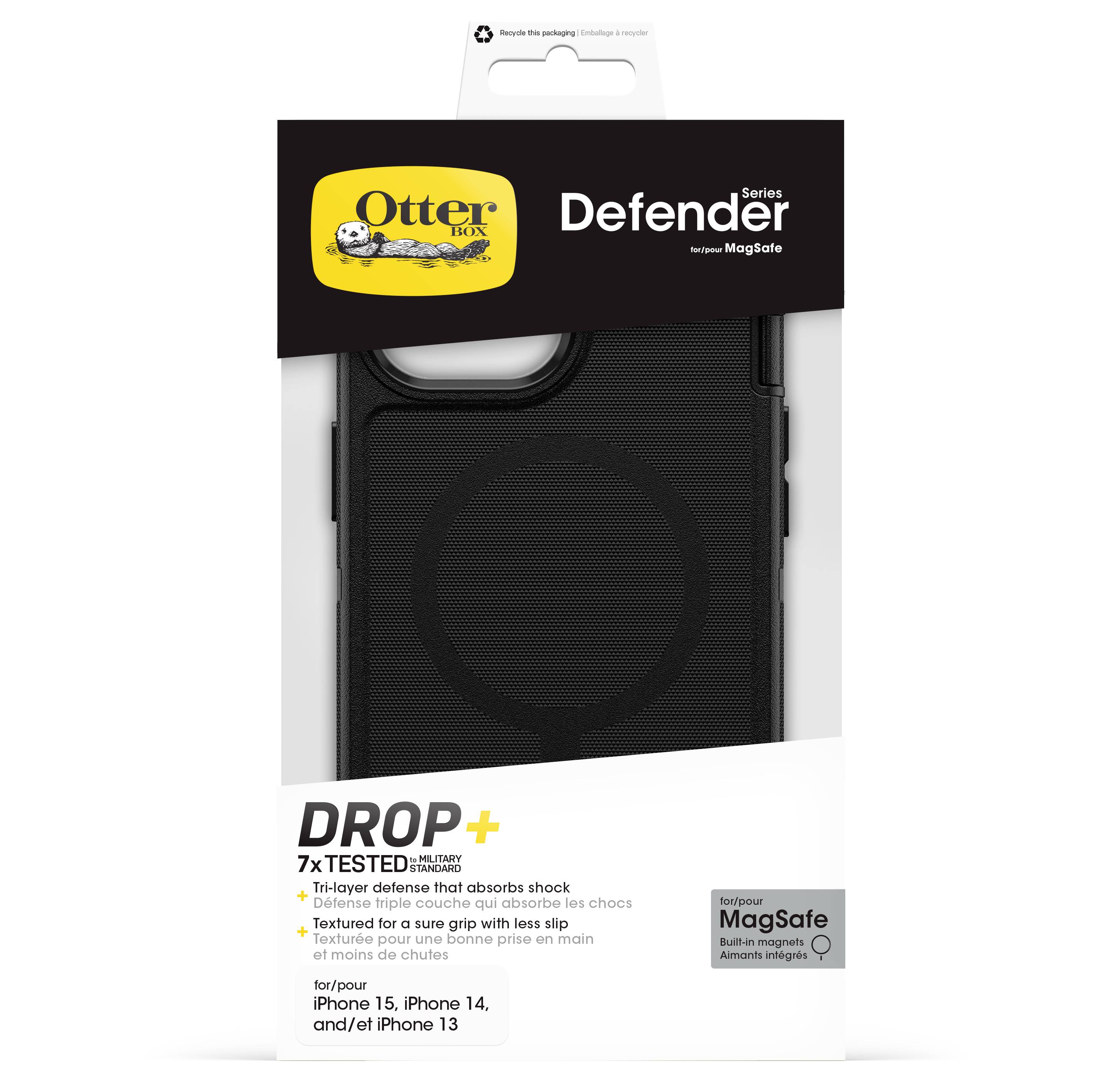 Pouzdro OtterBox Defender Series MagSafe pro iPhone, balení, černé odolné pouzdro se záštitou před pádem pro iPhone 15, 14 a 13.