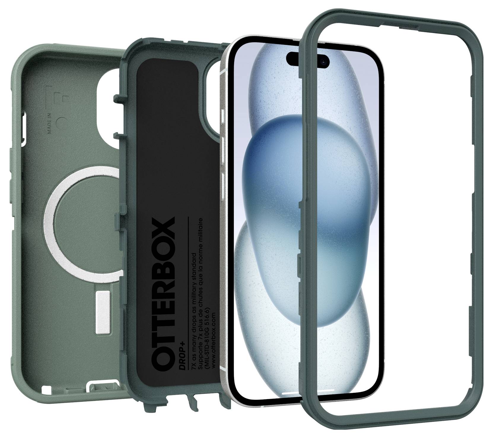 Robustní obal na smartphone s technologií MagSafe, sestávající z několika částí pro ochranu telefonu, ilustrativně zobrazený vedle iPhonu.