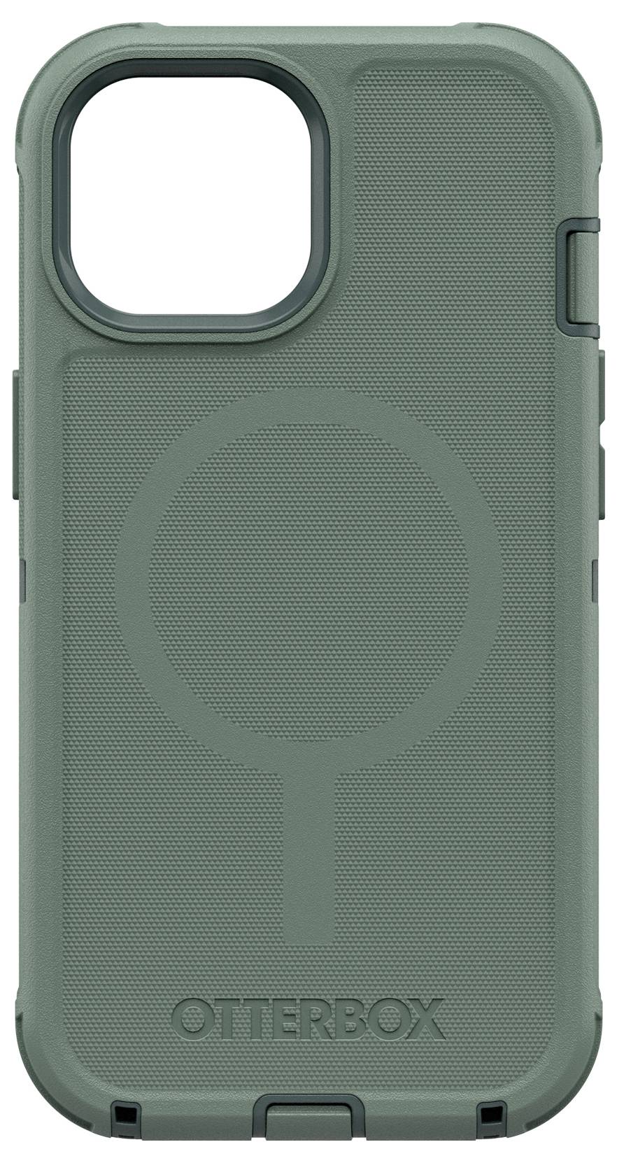 Olivově zelený mobilní kryt značky Otterbox s kruhovým vzorem uprostřed a textem 'Otterbox' v dolní části.