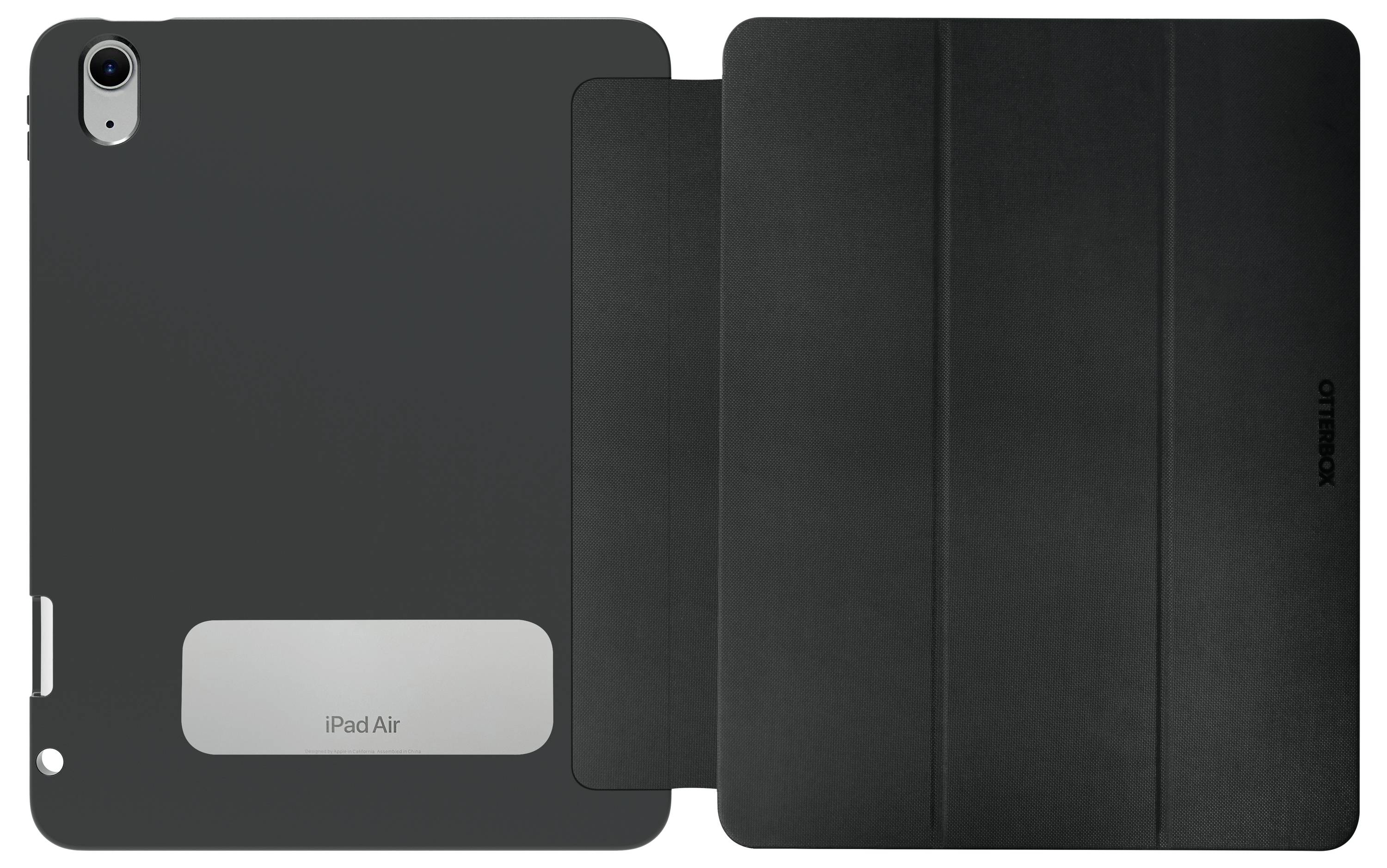 Černý obal na tablet otevřený ukazuje vnitřní a vnější stranu. Vlevo nápis 'iPad Air', vpravo viditelný název značky. Minimalistický design.