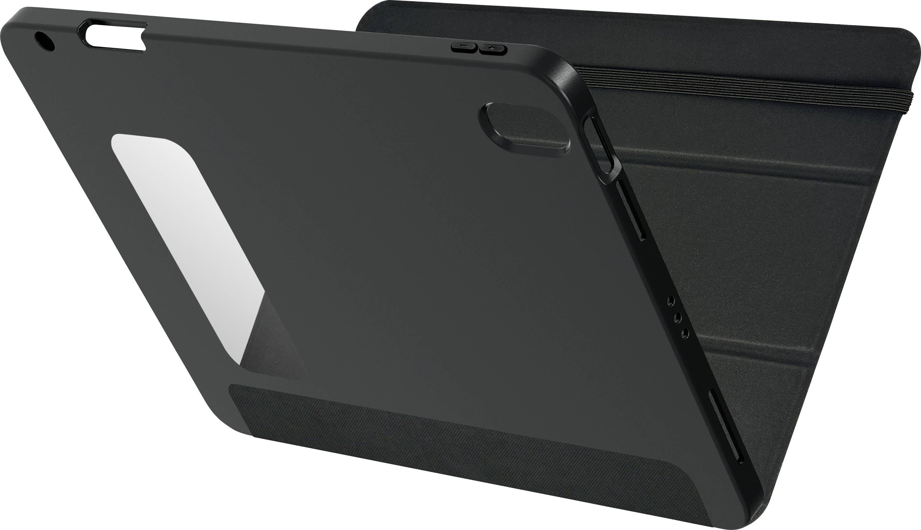 Černý tablet s ochranným pouzdrem, stojící na stole. Pouzdro je lehce otevřené, aby tabletu podpíralo.