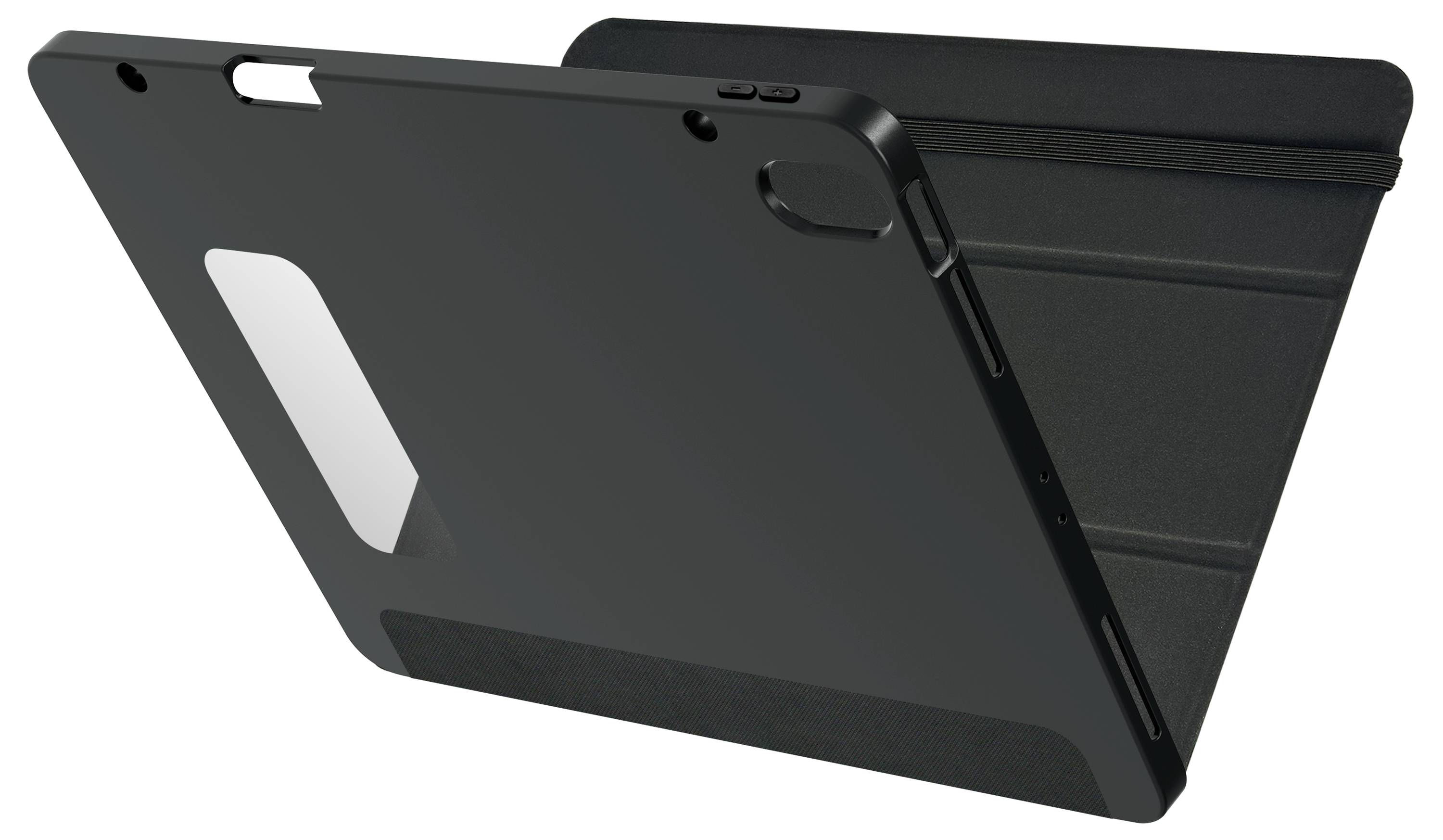 Obrázek ukazuje černý obal na tablet, který je rozložený. Má přesně vyřezané otvory pro ovládací prvky a fotoaparát.