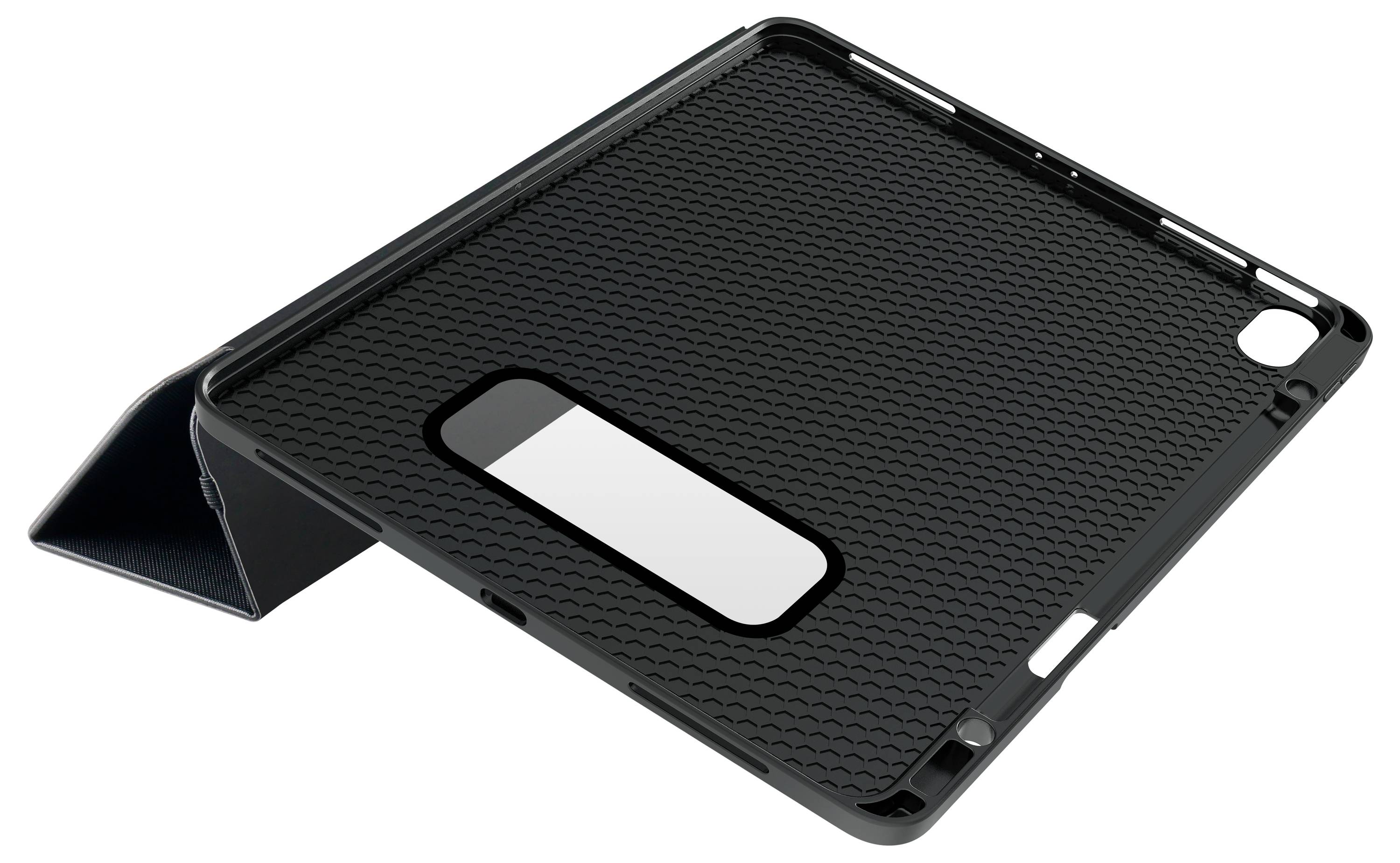 Pouzdro na tablet v černé barvě, s odnímatelným ochranným krytem a sklopným stojánkem pro horizontální umístění.