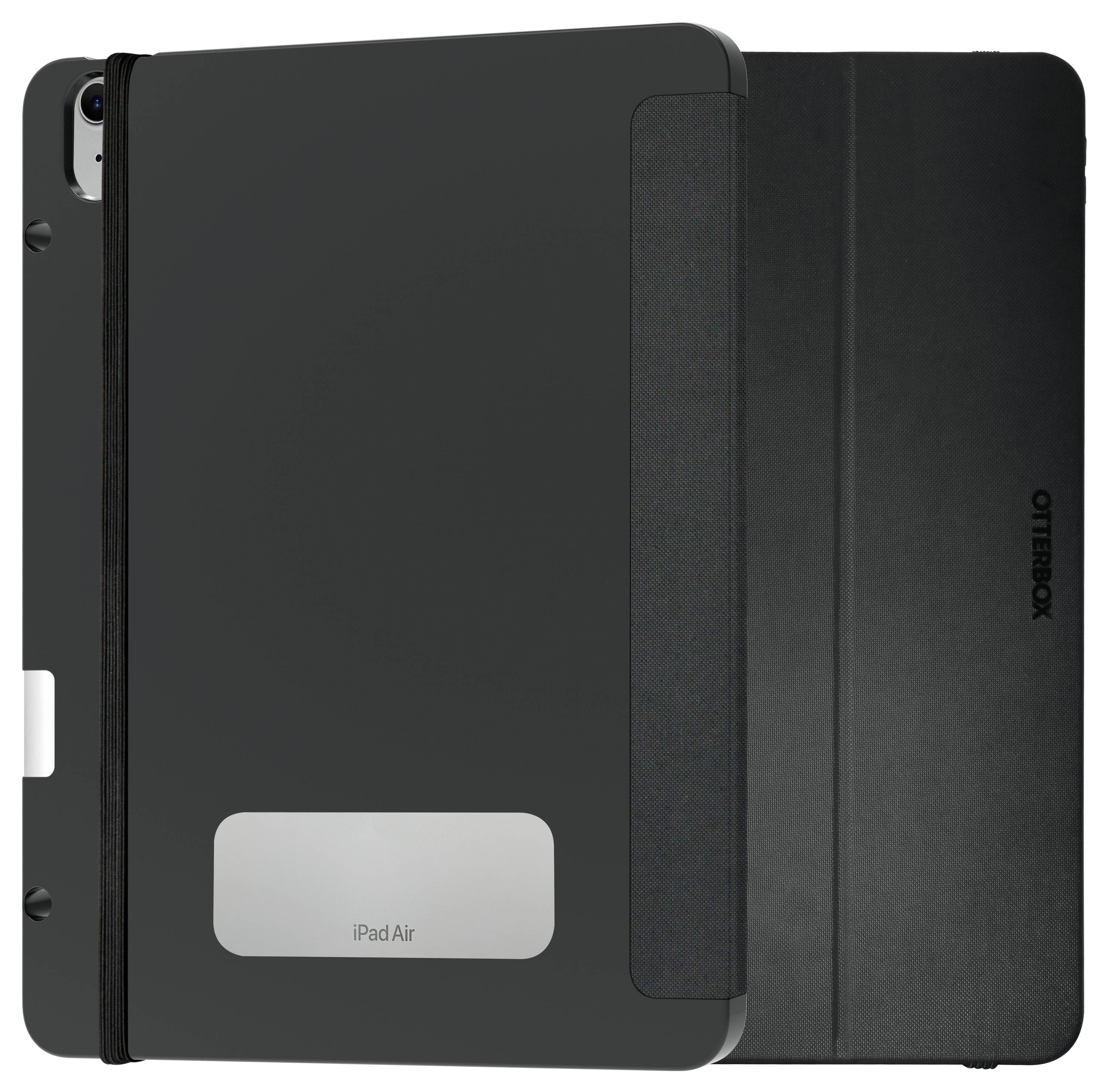 Černý ochranný kryt Otterbox pro iPad Air, zobrazený zepředu a zezadu, s minimalistickým designem a malým nápisem 'iPad Air' dole.