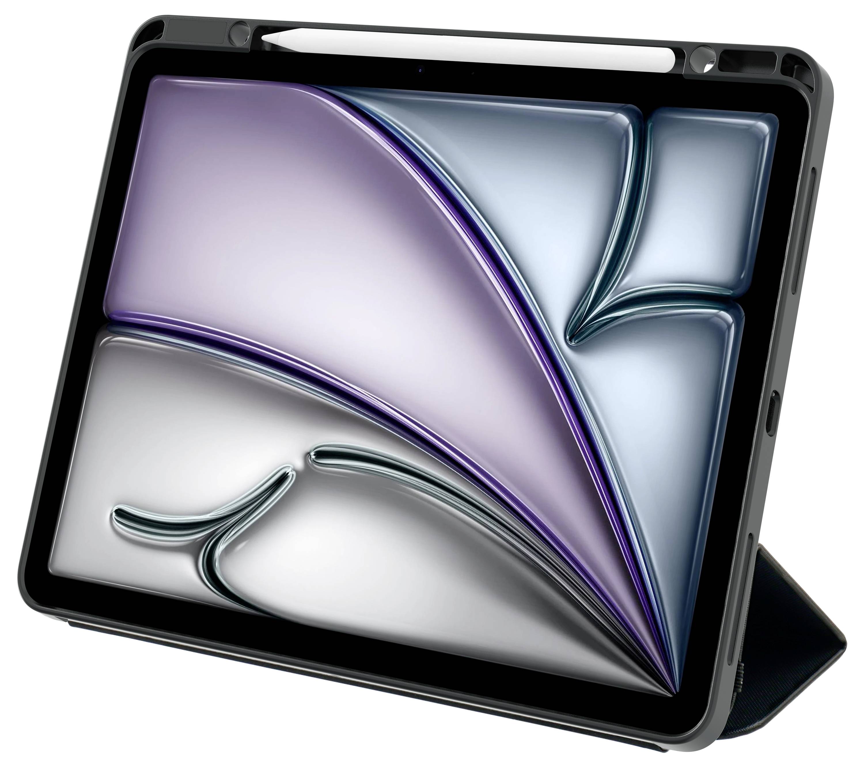 Moderní tablet zobrazuje na obrazovce abstraktní, umělecké dílo s křivými, prolínajícími se liniemi a jemnými barevnými přechody.