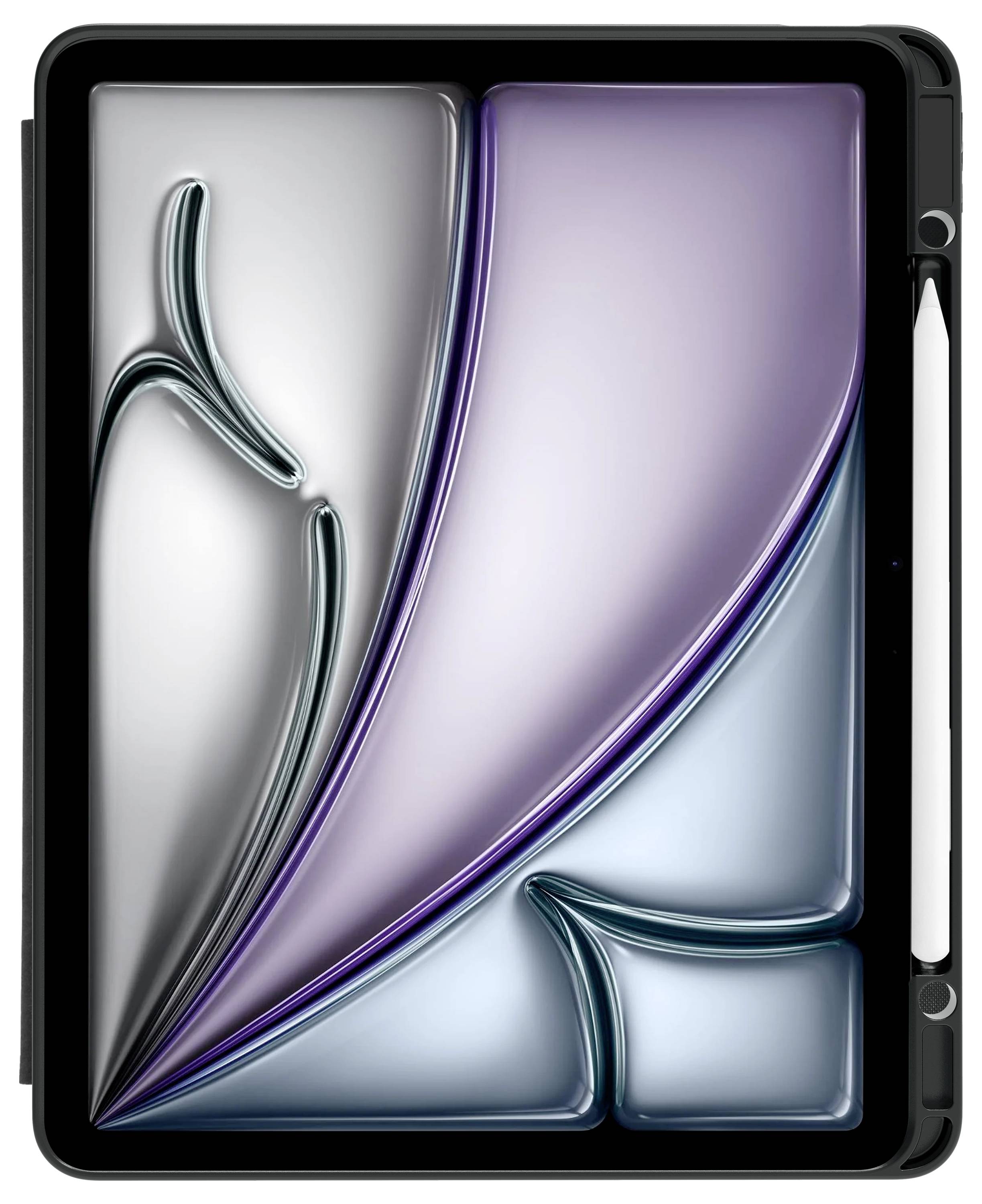 Tablet s umělecky stylizovanou obrazovkou, na které jsou vidět zvlněné linie a barevné přechody v odstínech fialové a modré.