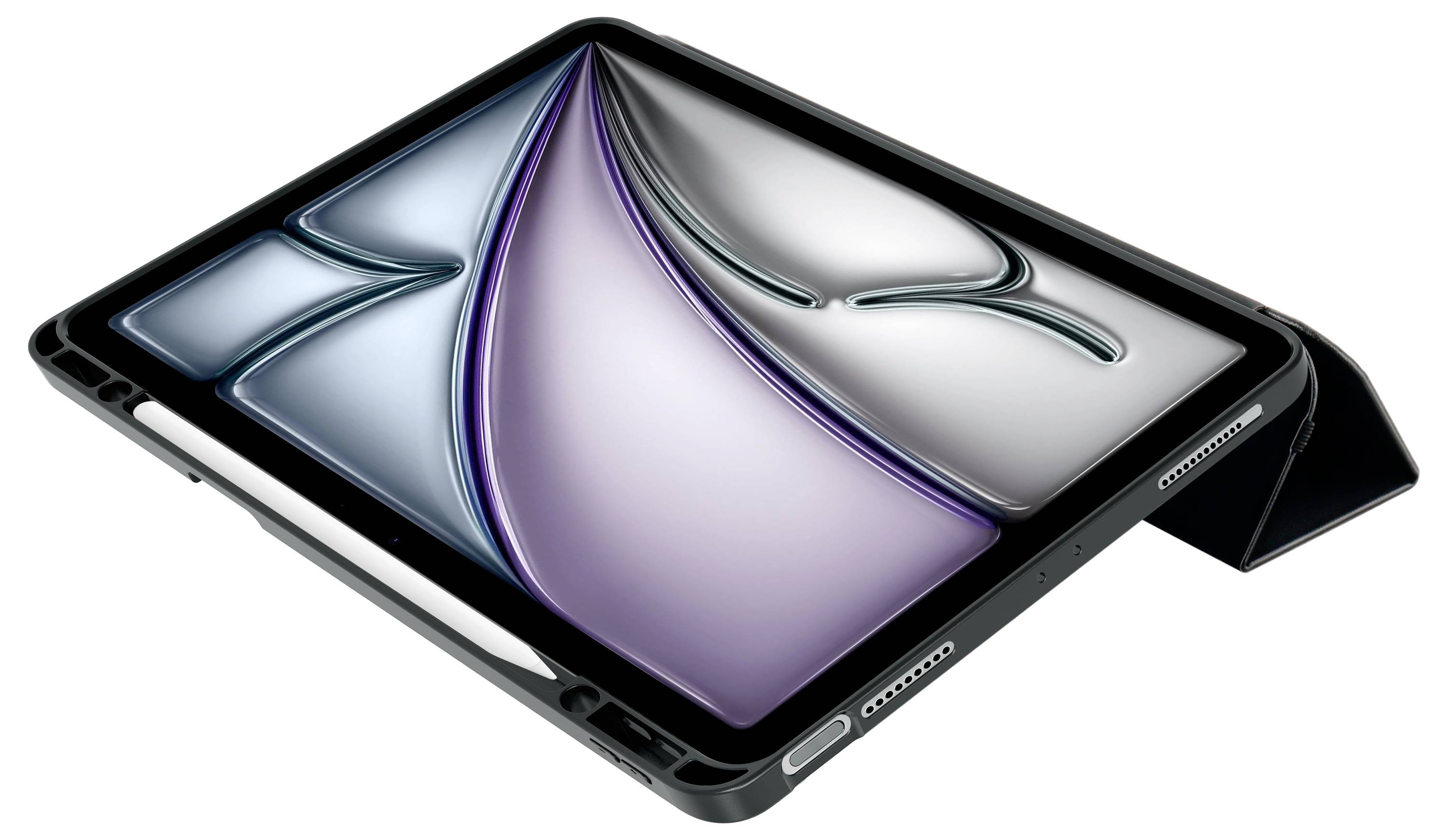 Tablet se stylusem v obalu, který stojí v lehce nakloněném úhlu. Na obrazovce je zobrazený abstraktní barevný design.